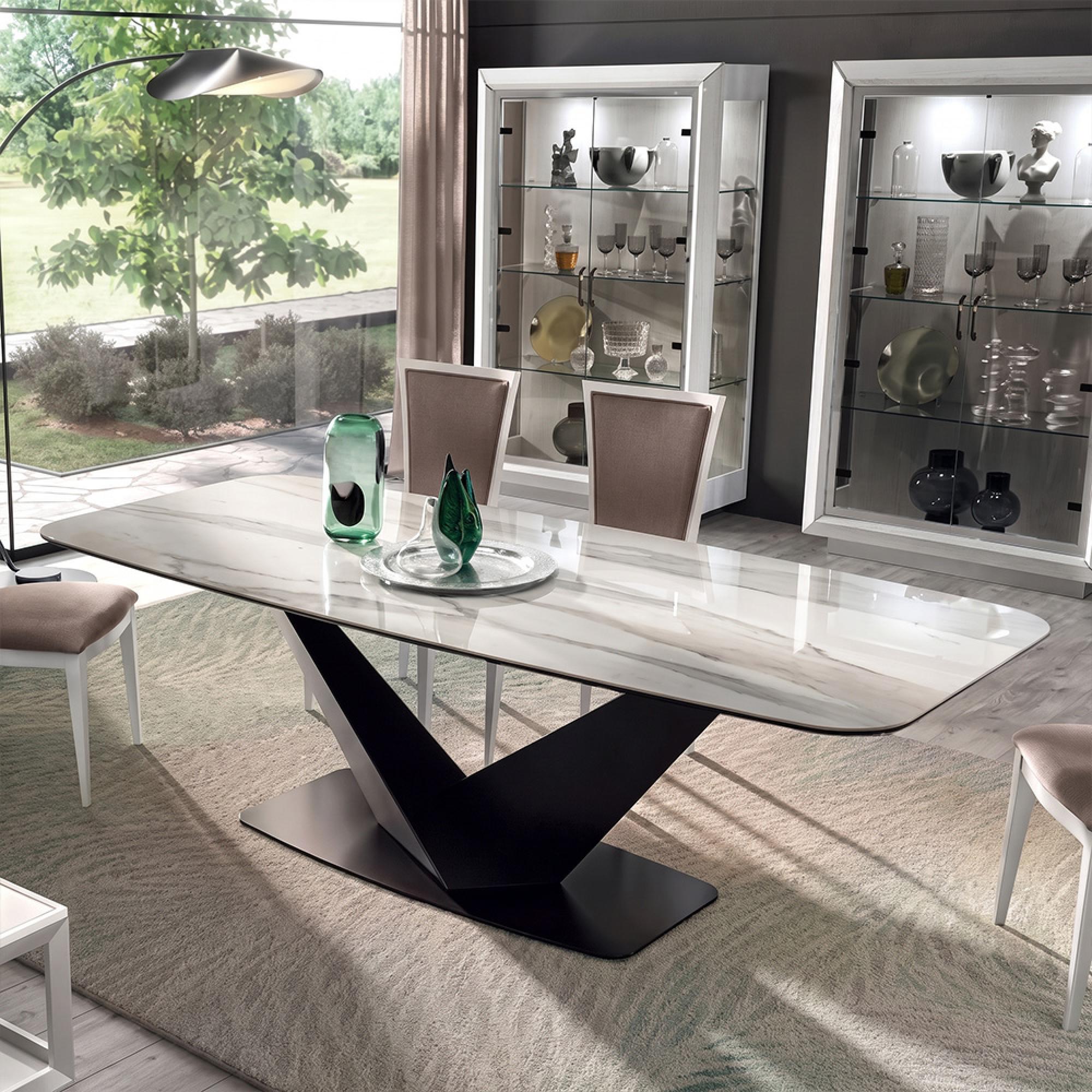 Elite Italian Bianco Antico Ceramic Dining Table with V Base - Sizes Available
