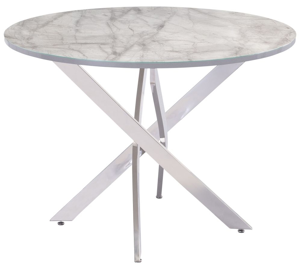 Alden Dining Table - 4 Seater - 107cm - Round - Chrome Legs - White and Grey Marble Effect