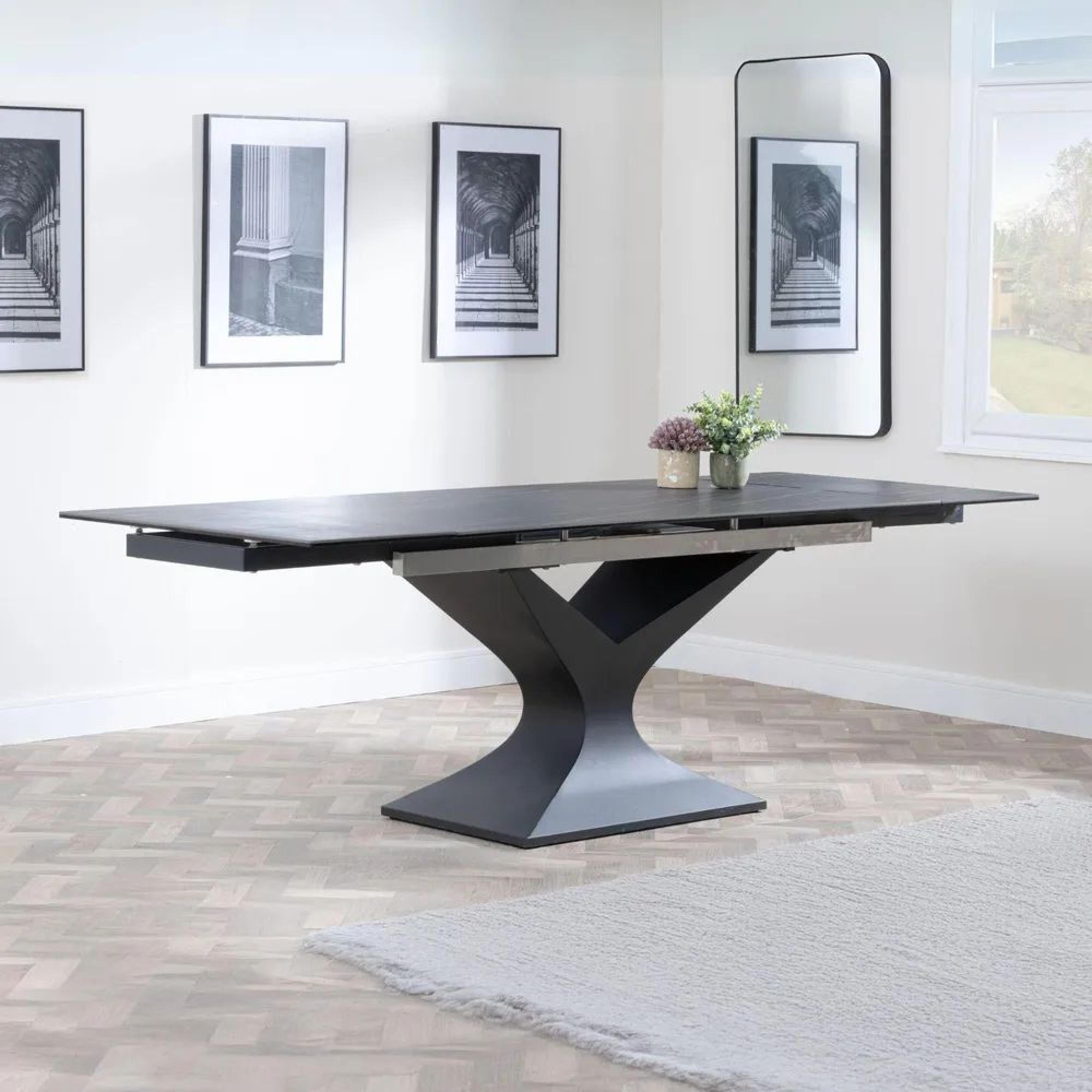 Clearance - Anvik 6-10 Seater Black Ceramic Extending Dining Table with Black Pedestal Base