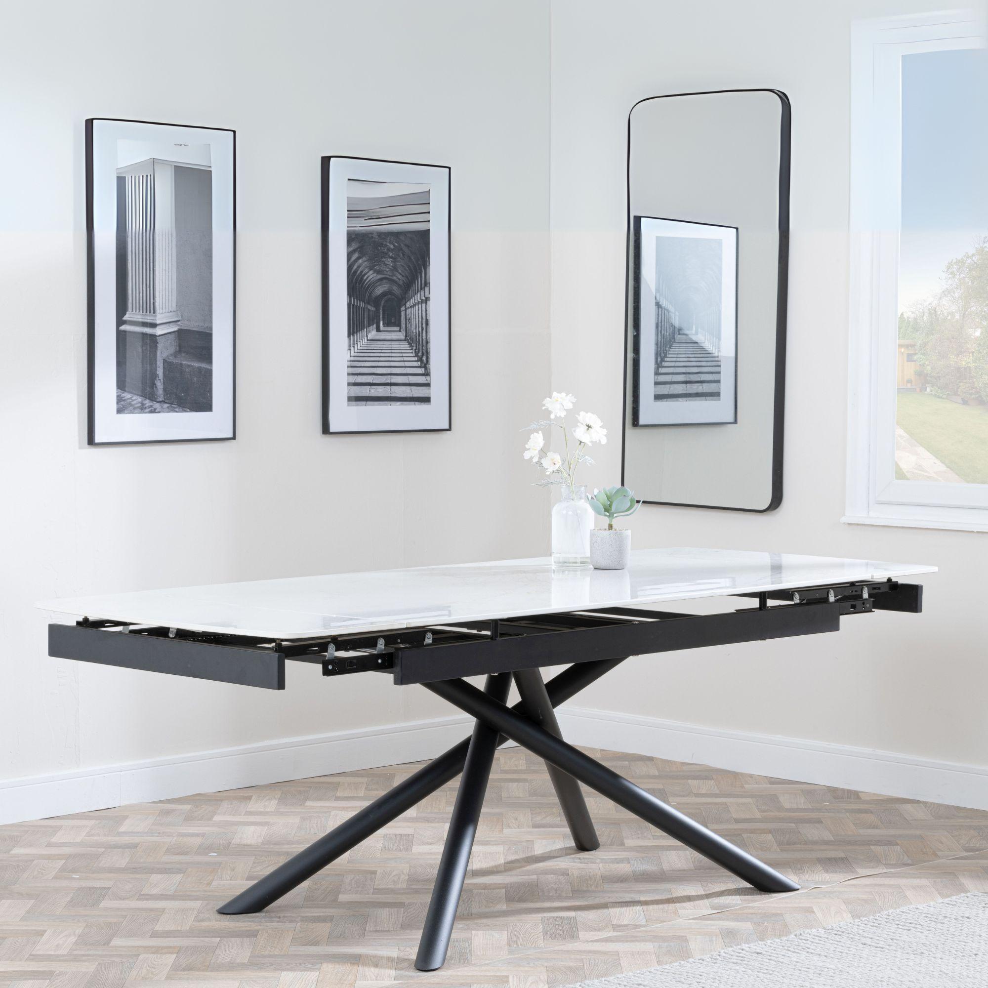 Apollo Extending Dining Table - 6-10 Seater - 160cm-220cm - White Ceramic - Black Base