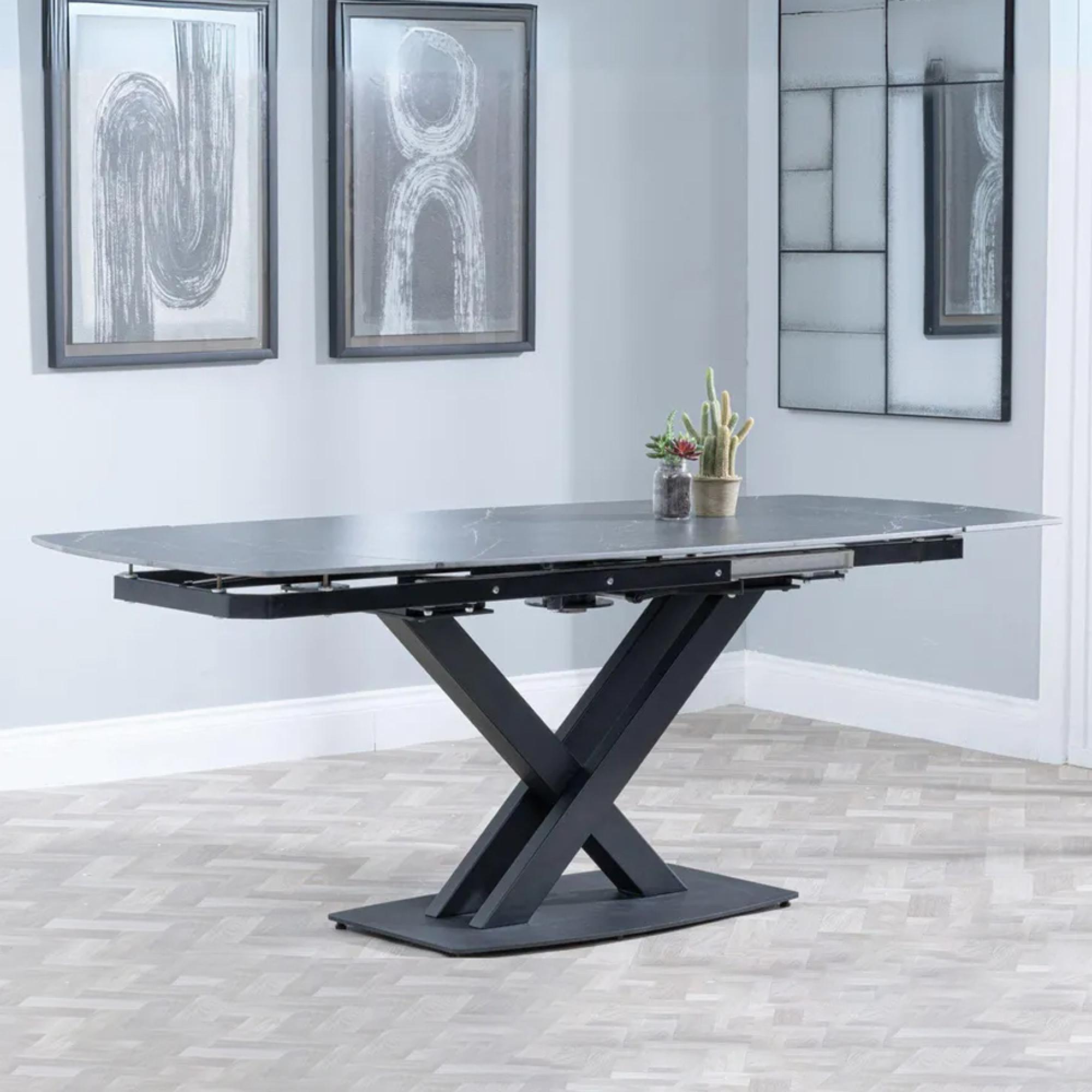 Arctic Extending Dining Table - 4-8 Seater - 140cm-200cm - Black Ceramic Swivel Top - Cross Base