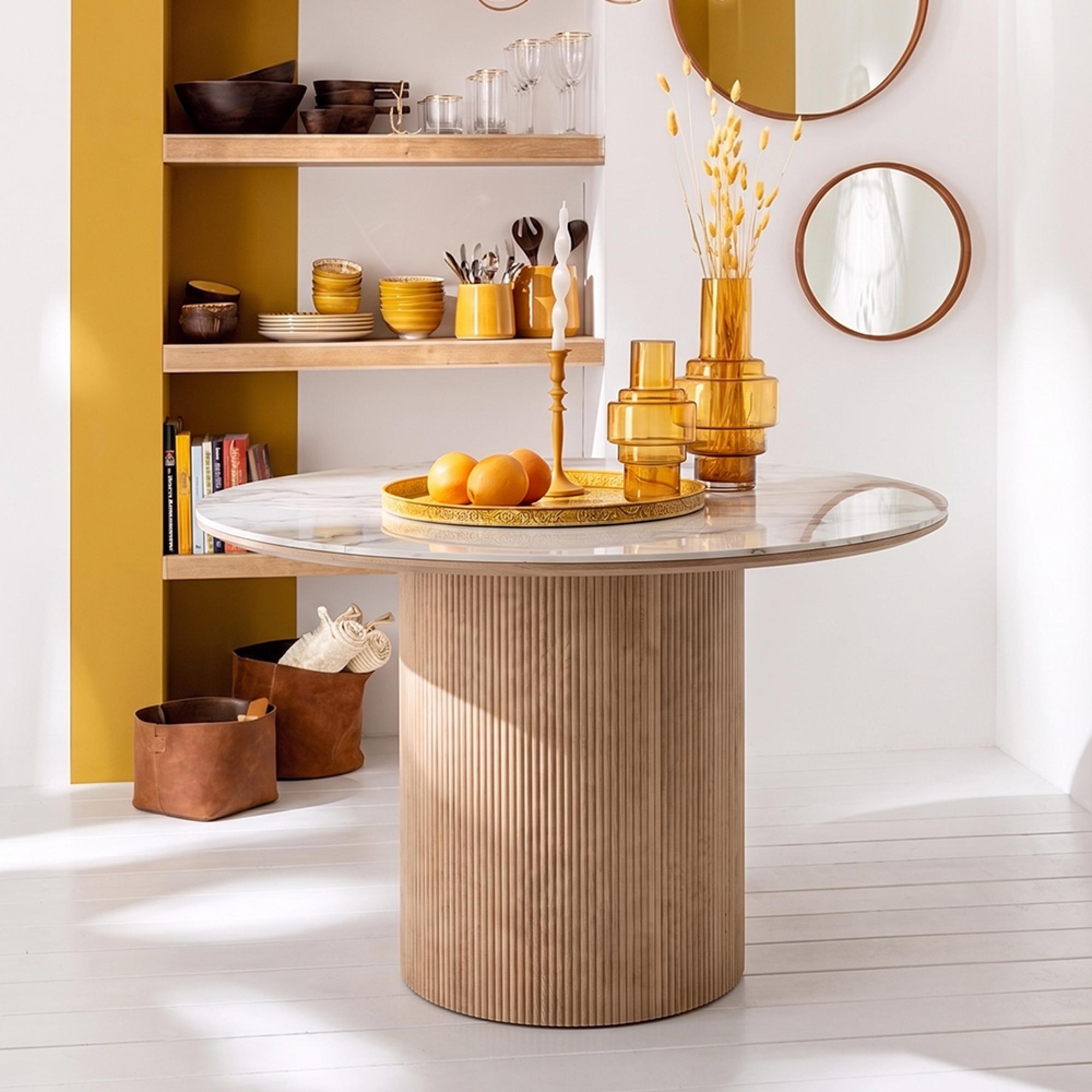 Athens Extending Dining Table - 120cm-200cm - 4-8 Seater - Round - Fluted Base - White and Brown - Ceramic and Wooden