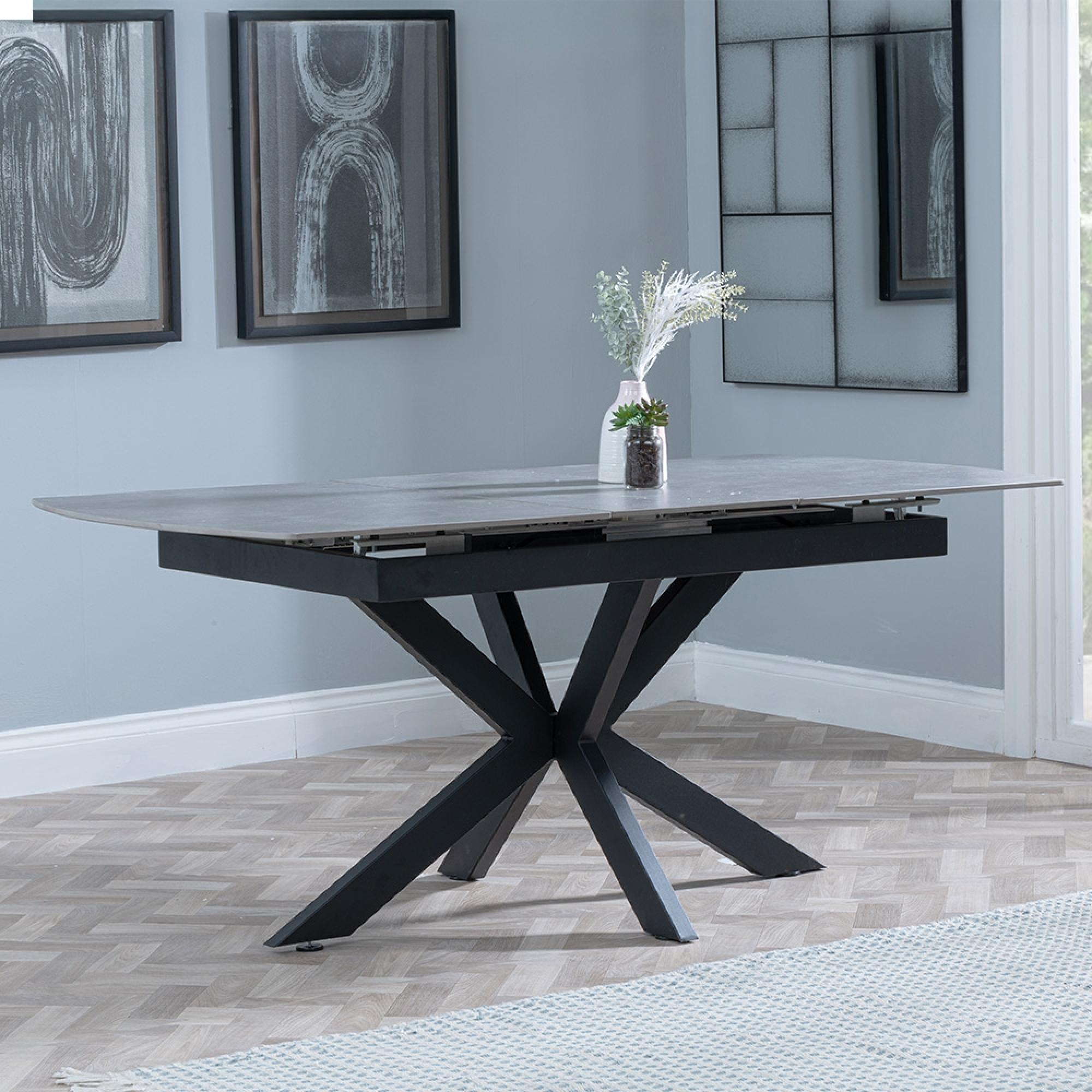 Bari Extending Dining Table - 4-6 Seater - 140cm-180cm - Grey Ceramic - Black Star Base