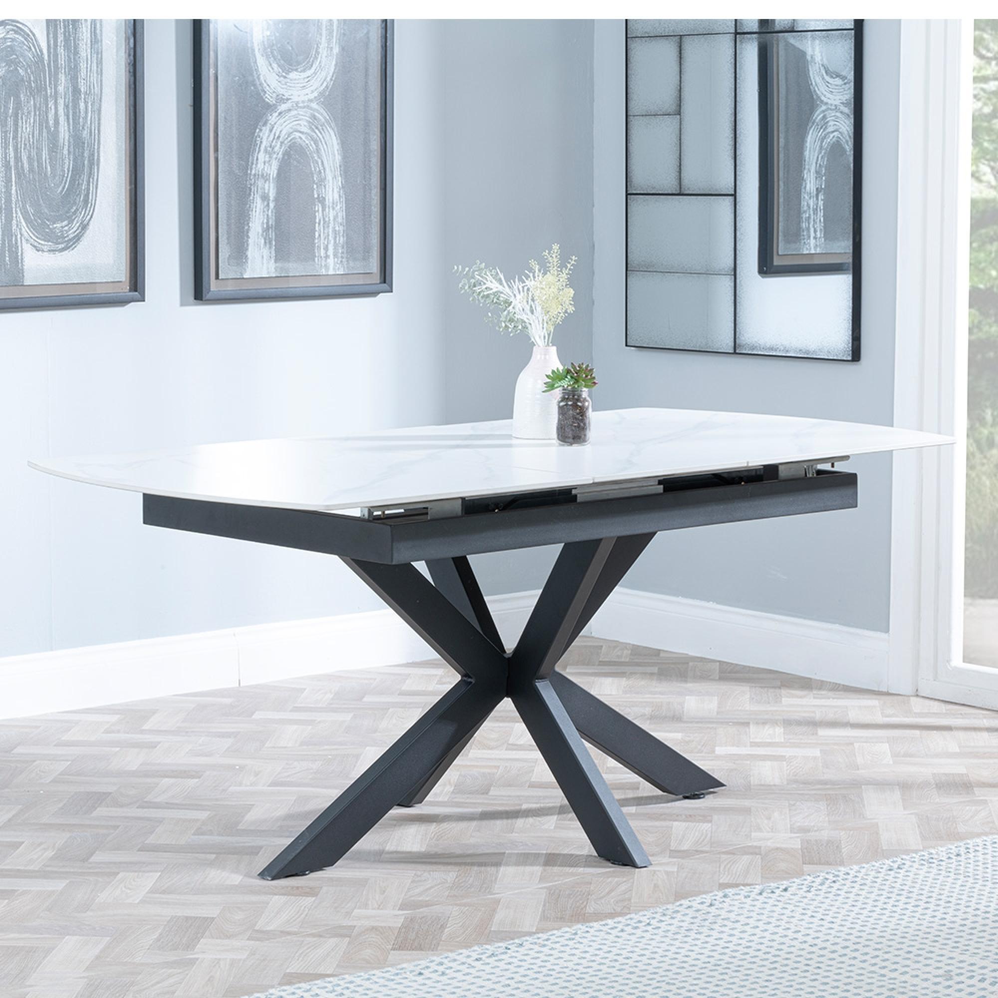 Bari Extending Dining Table - 4-6 Seater - 140cm-180cm - White Ceramic - Black Star Base