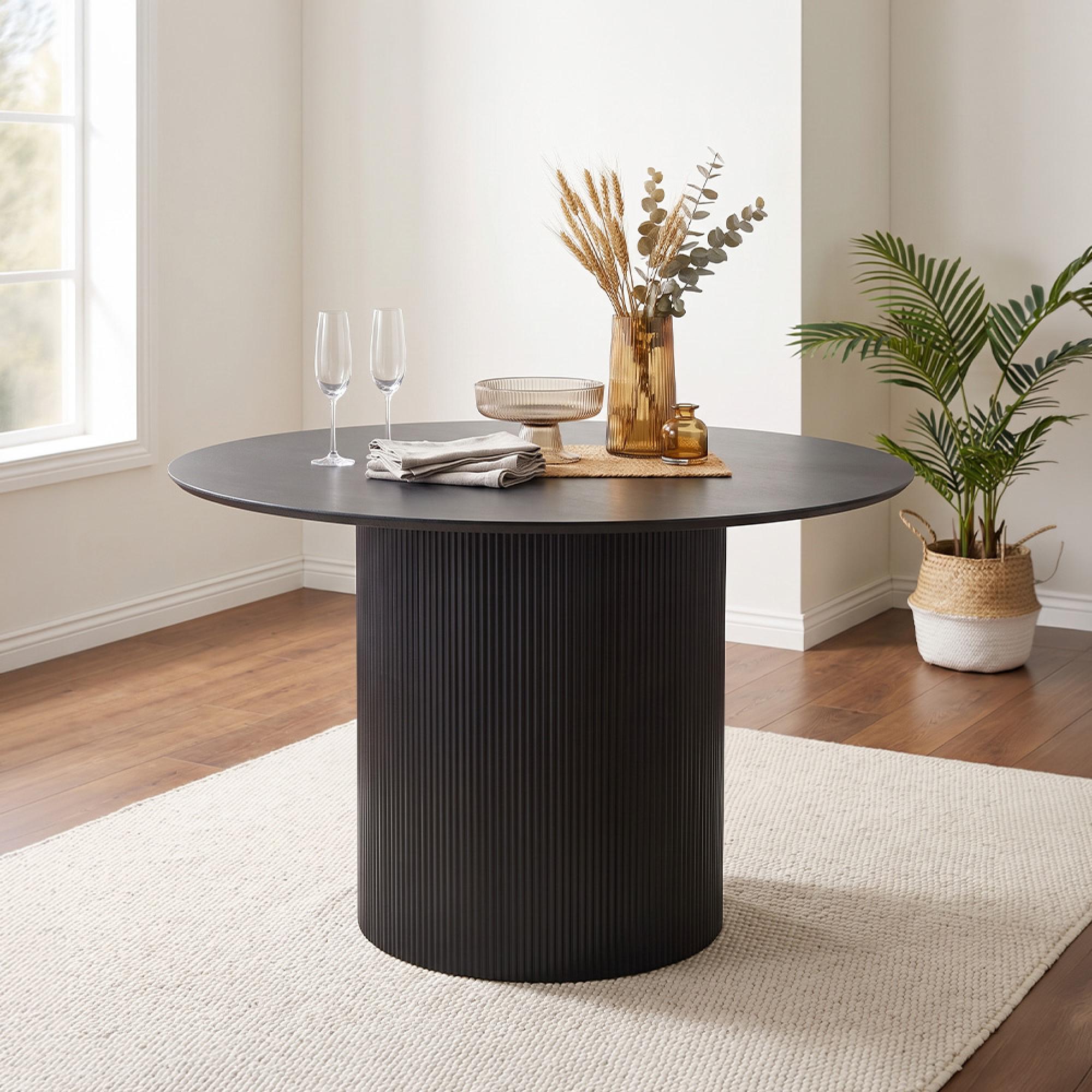 Bern Fluted Round Dining Table - 4 Seater - 120cm - Black - Drum Base