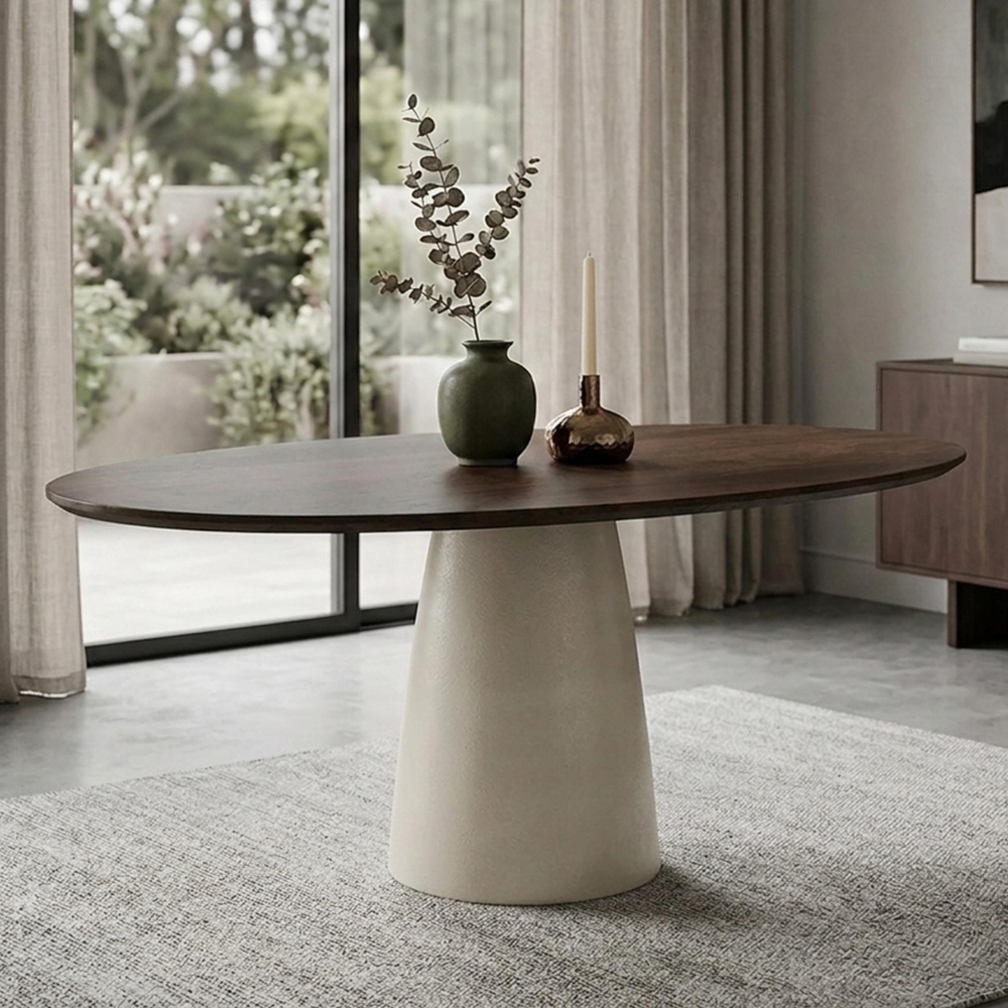 Brix Marron Dining Table - 140cm - 6 Seater - Pedestal - Off White - Mango Wood and Metal