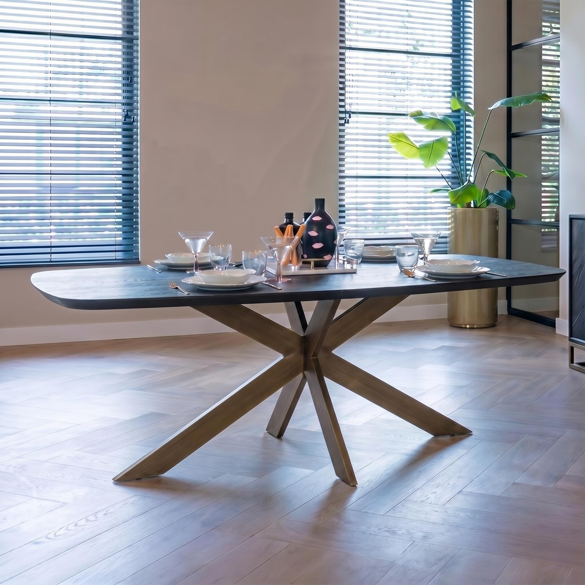 Cambon Dark Oak and Brass 12 Seater Dining Table with Spider Legs