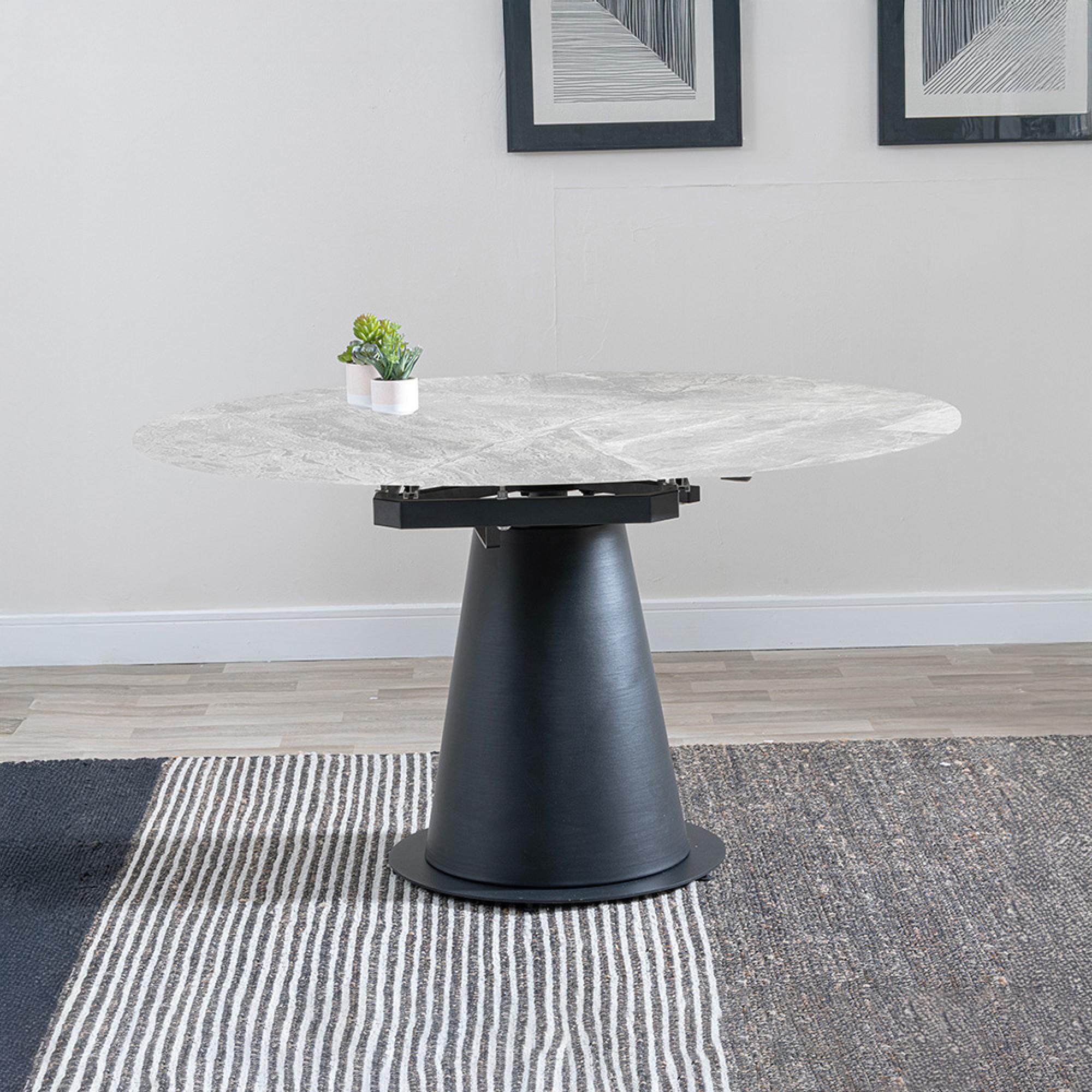 Carrara Round Dining Table - 4 Seater - 135cm - Grey Ceramic - Swivel Motion Extending - Black Pedestal Base