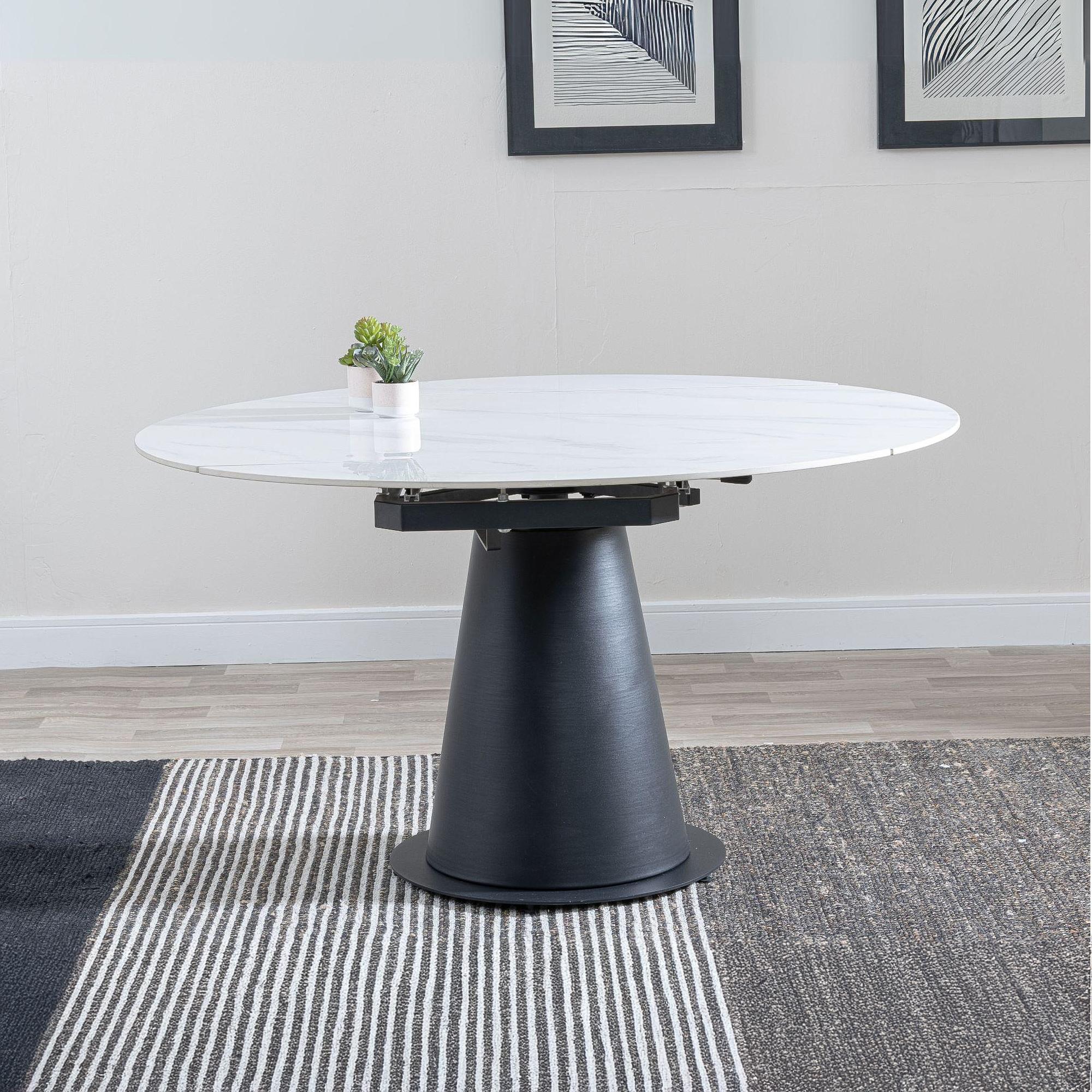 Carrara Round Dining Table - 4 Seater - 135cm - White Ceramic - Swivel Motion Extending - Black Pedestal Base