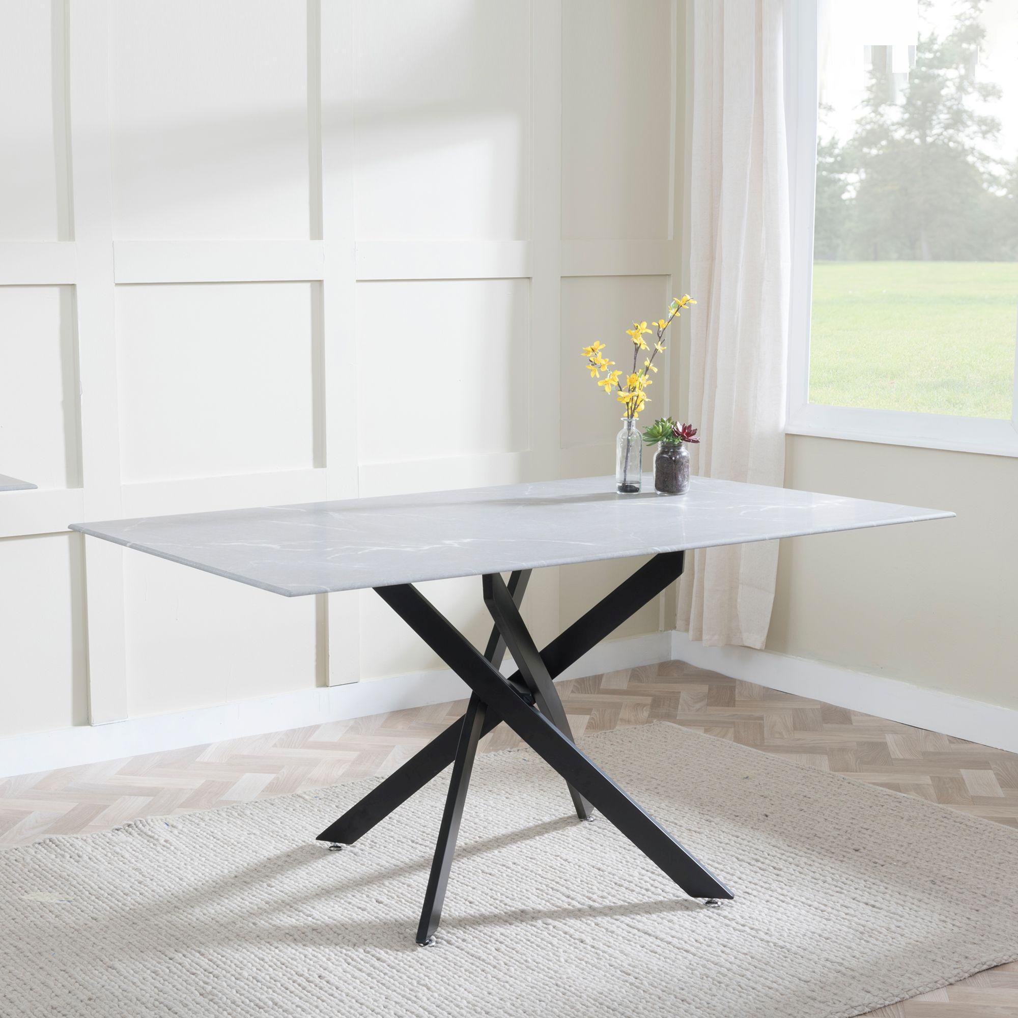 Clearance - Chopstick 6 Seater Grey Glass Dining Table with Black Metal Legs - 150cm
