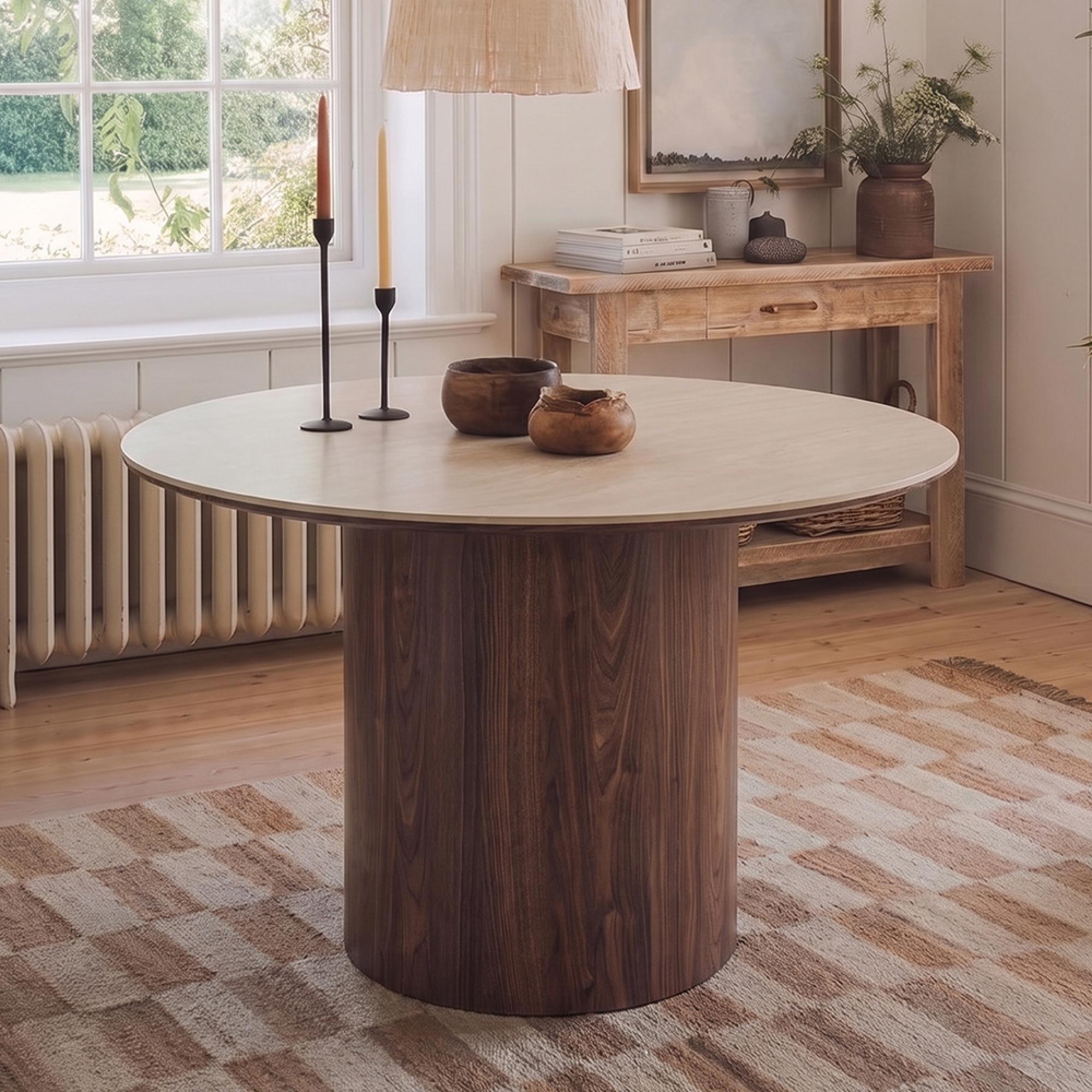 Delphi Dining Table - 140cm - 6 Seater - Round - Pedestal Base - Dark Brown - Ceramic and Wooden
