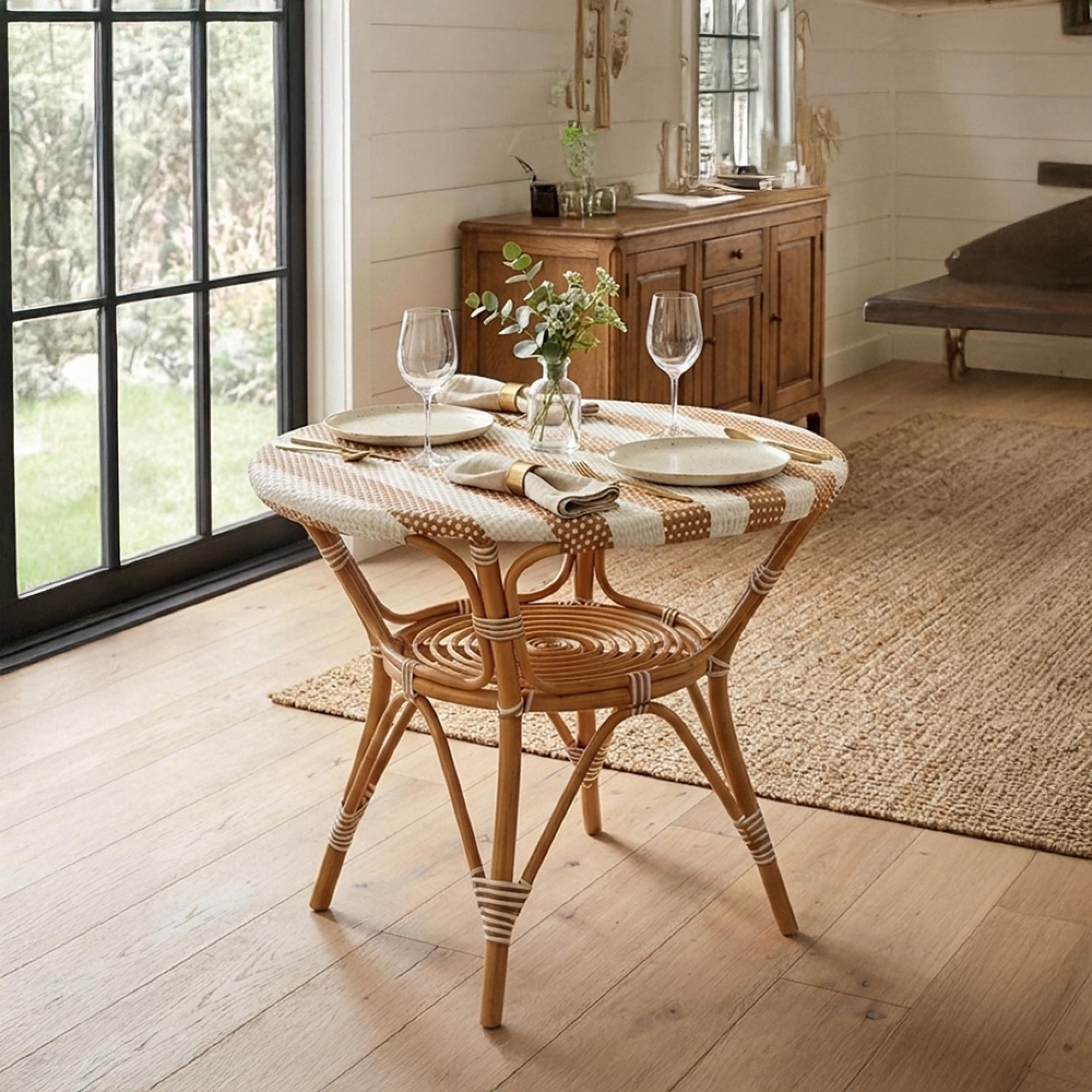 Dining Table - 90cm - 2 Seater - Round - Beige and White - Rattan and Bamboo Wood