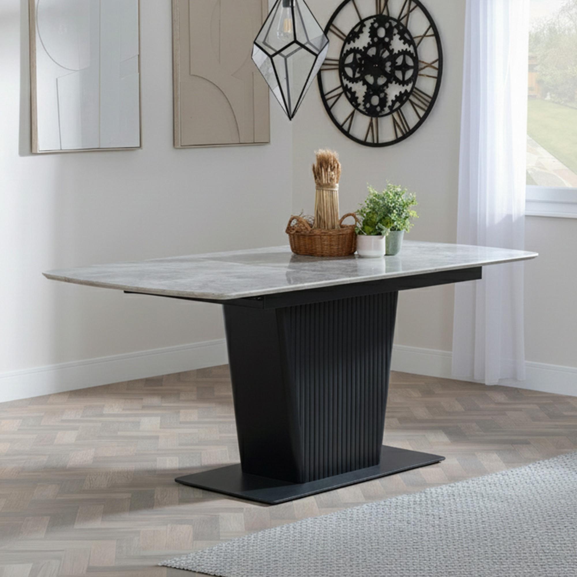Dutton Dining Table - 4-6 Seater - 130cm-170cm - Grey Ceramic - Extending - Black Pedestal Base