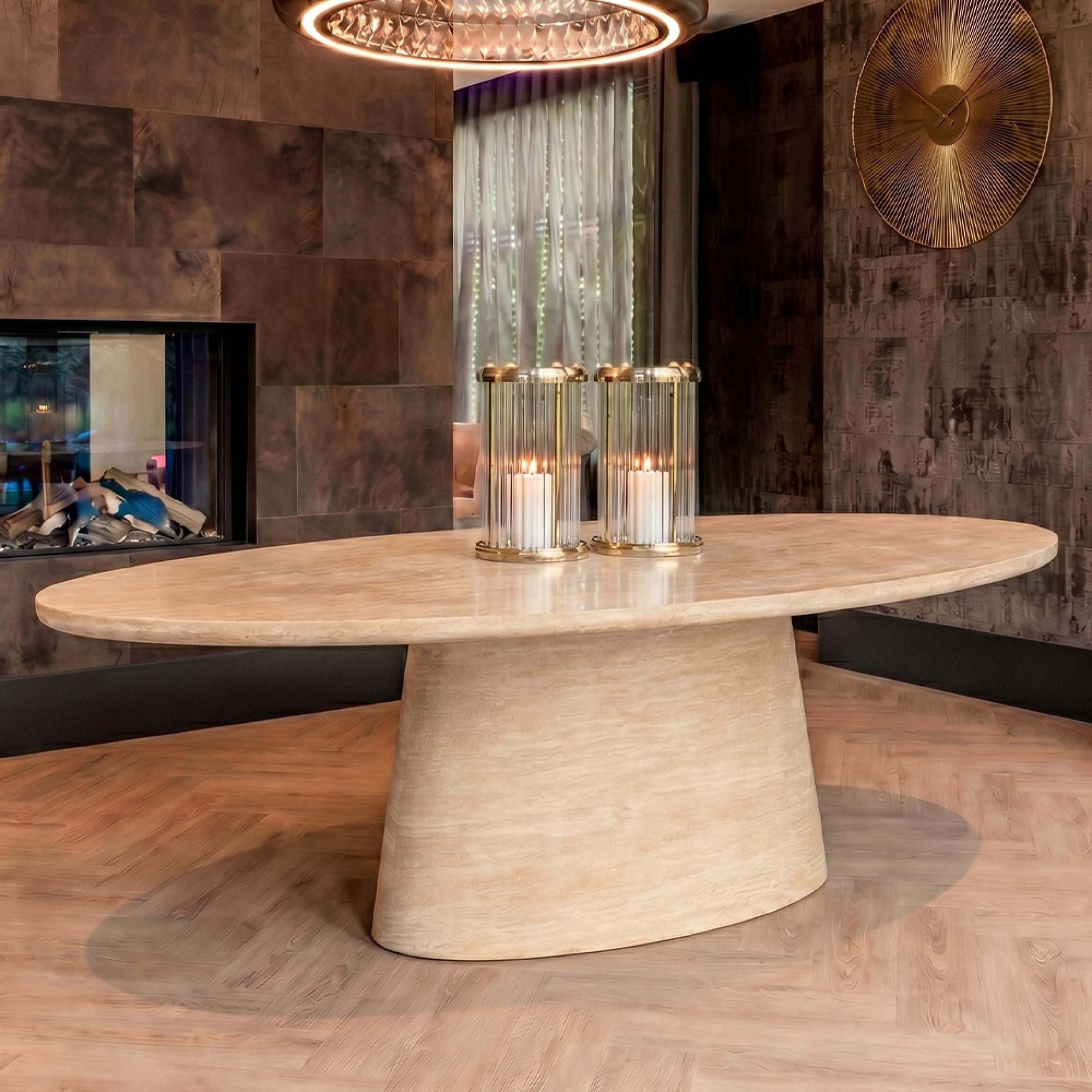 Fictus Travertine Beige 10 Seater Oval Pedestal Dining Table