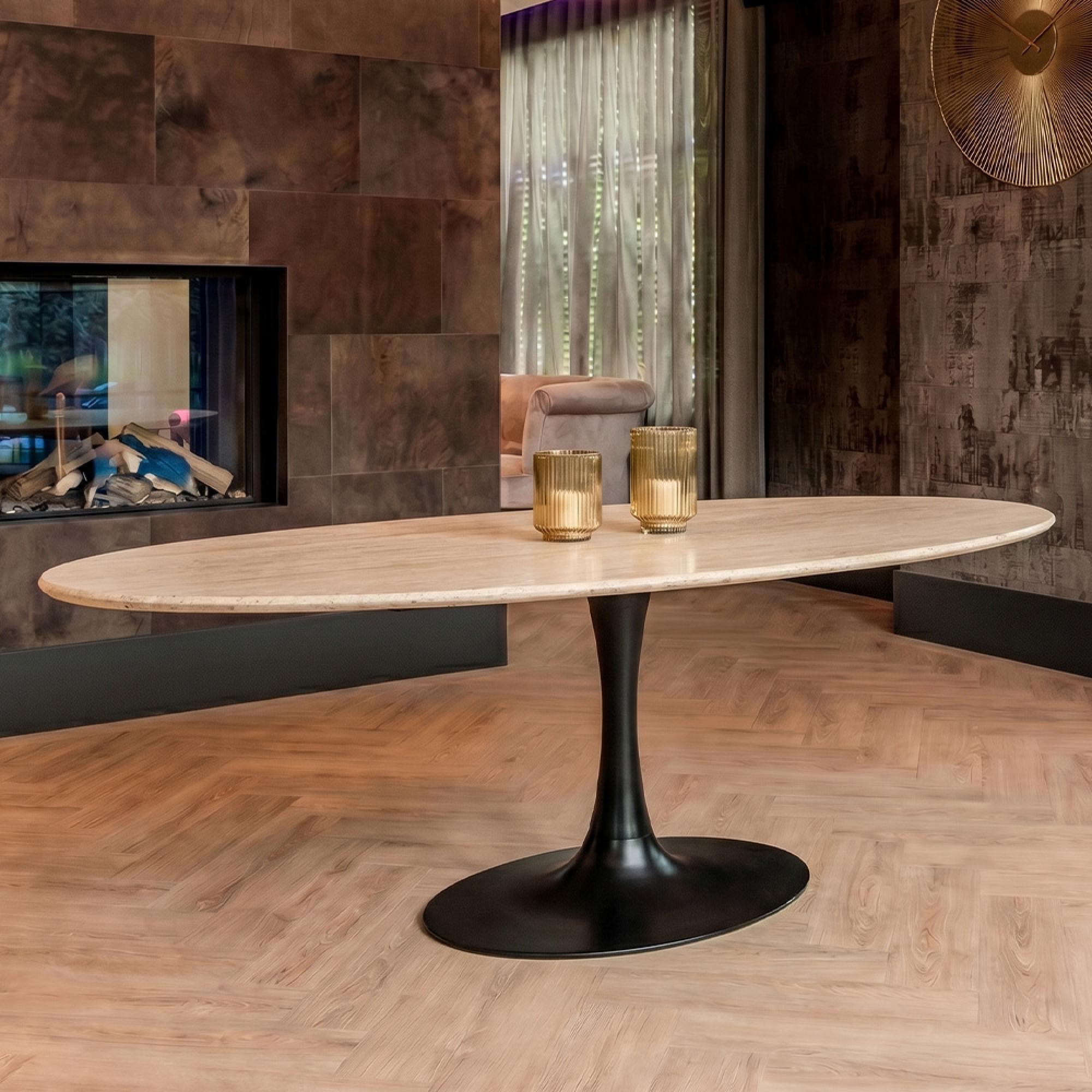 Hampton Travertine Beige 8 Seater Oval Dining Table with Back Tulip Base