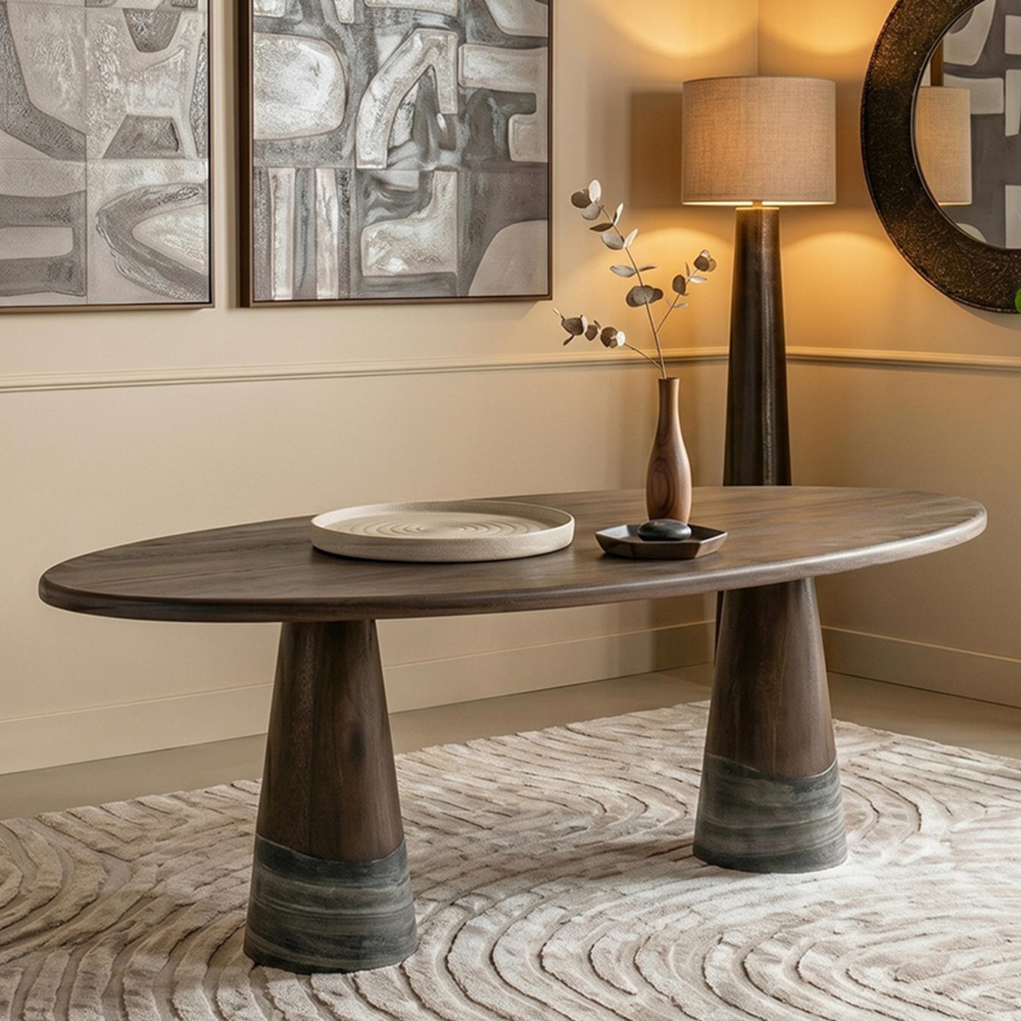 Harper Dining Table - 230cm - 10 Seater - Oval - Double Pedestal - Smoked Charcoal - Oak