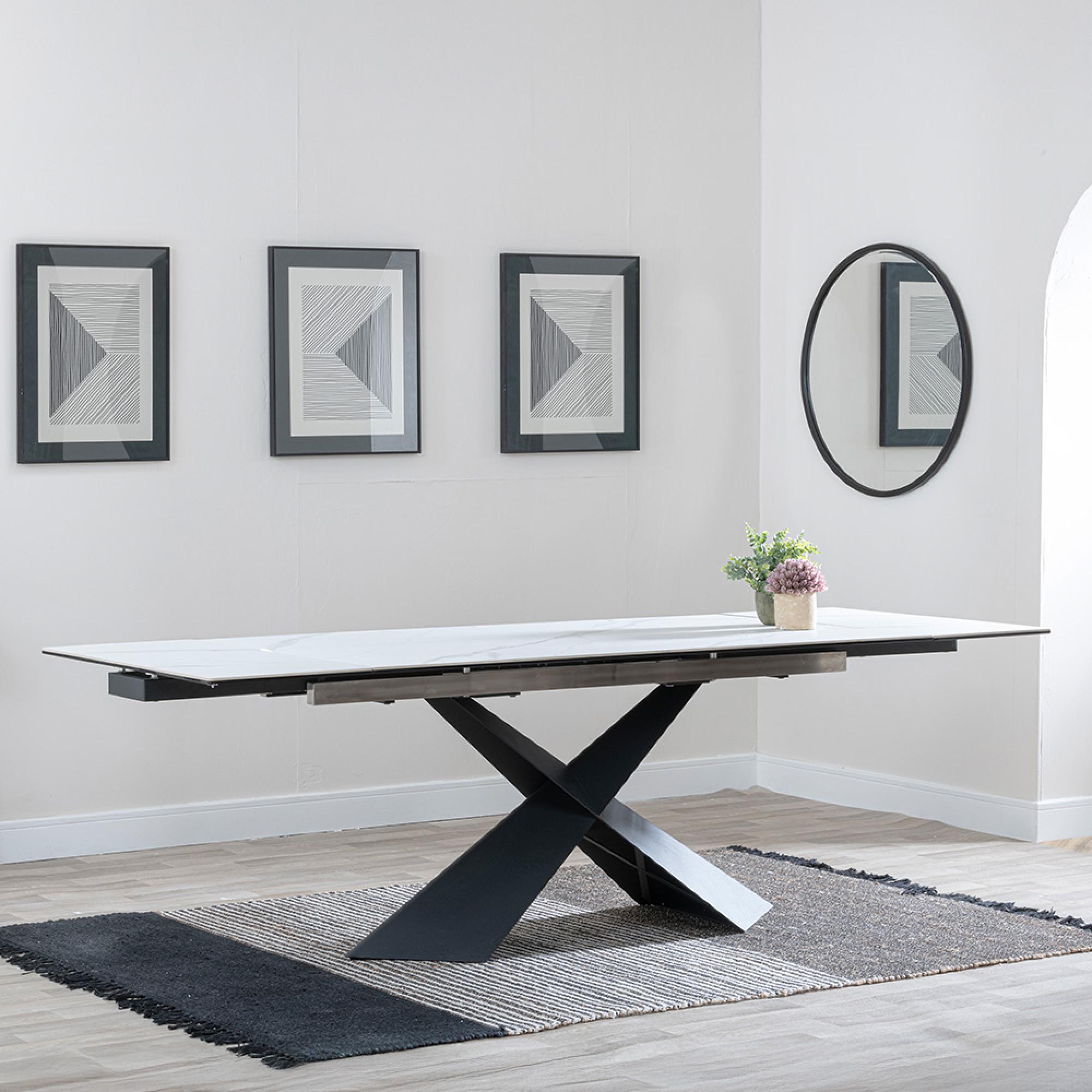 Hayden Extending Dining Table - 6-10 Seater - 160cm-240cm - White Ceramic - Black Cross Base