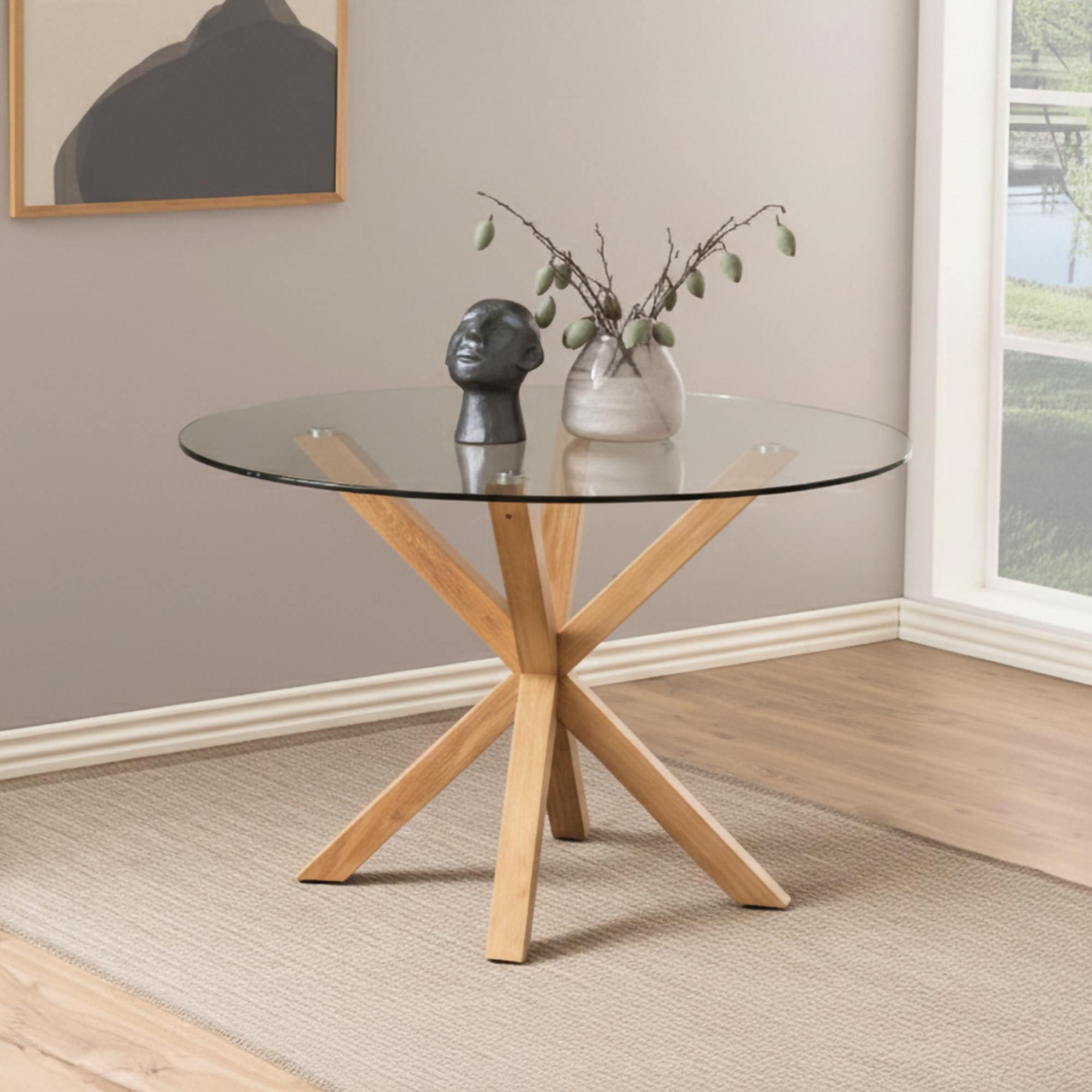 Heaven Round Dining Table - 4 Seater - 119cm - Glass - with Oak Star Legs
