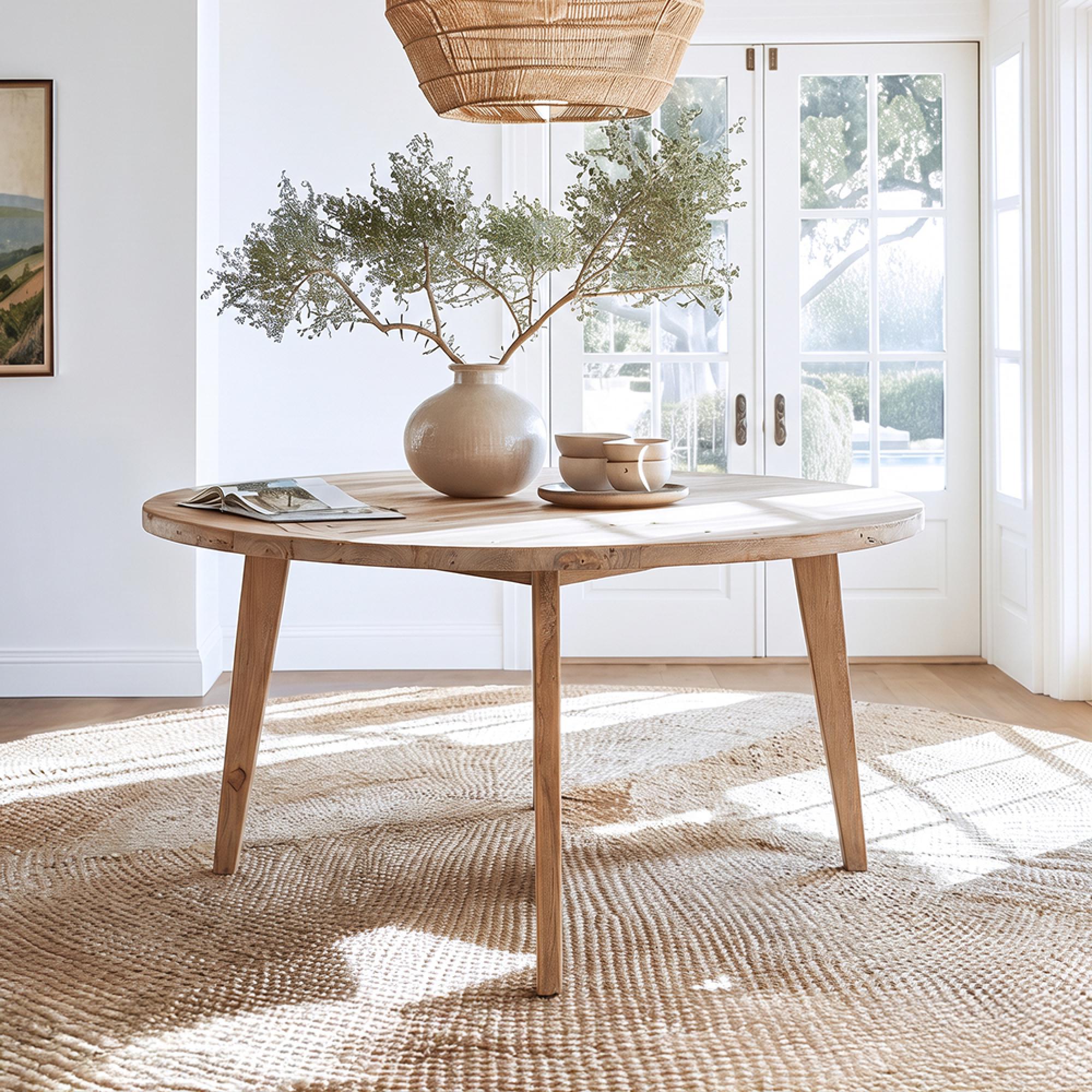 Hugo Dining Table - 160cm - 8 Seater - Round - Tapered Legs - Natural - Teak Wood