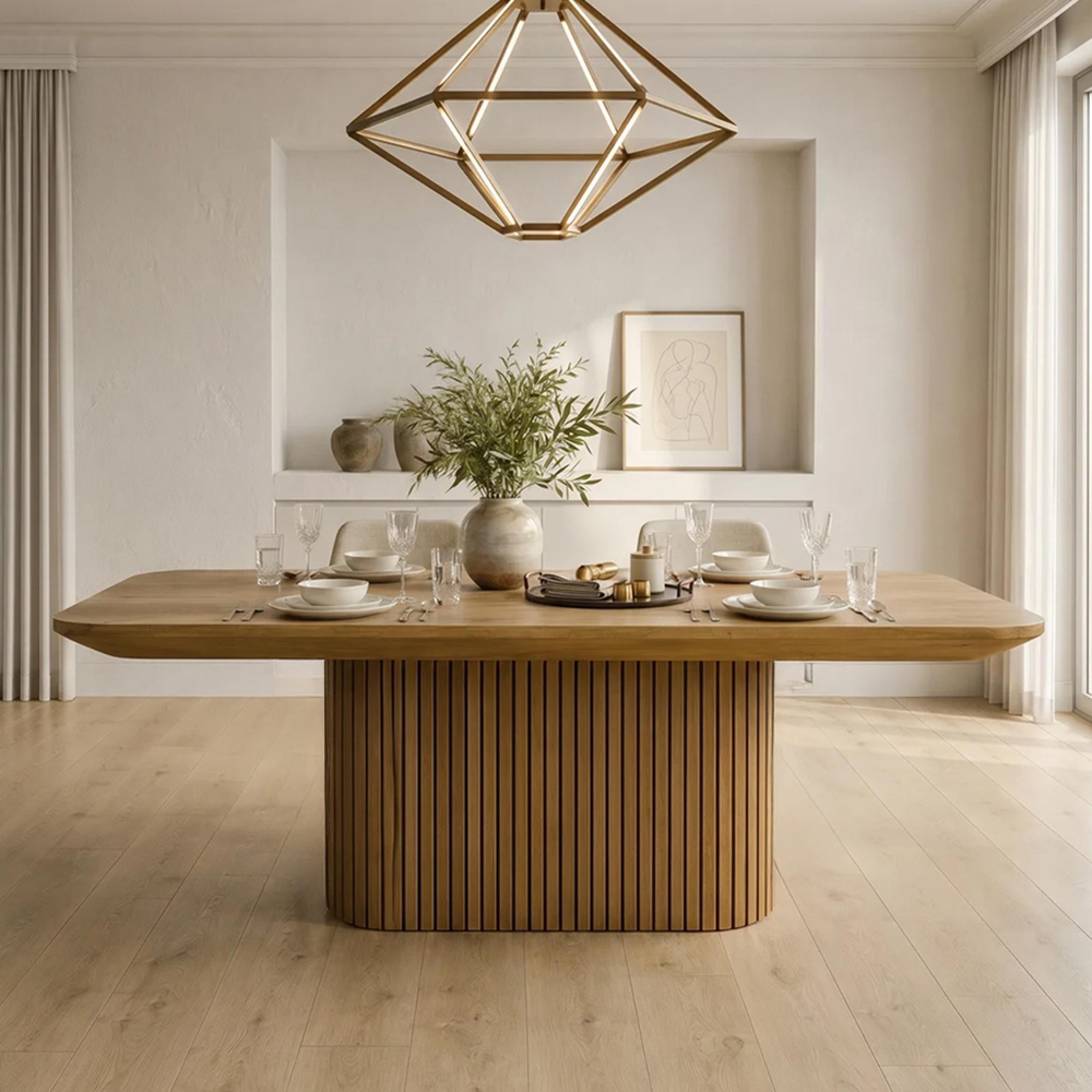 Lausanne Fluted Dining Table - 10 Seater - 230cm - Pedestal - Natural - Teak Wood
