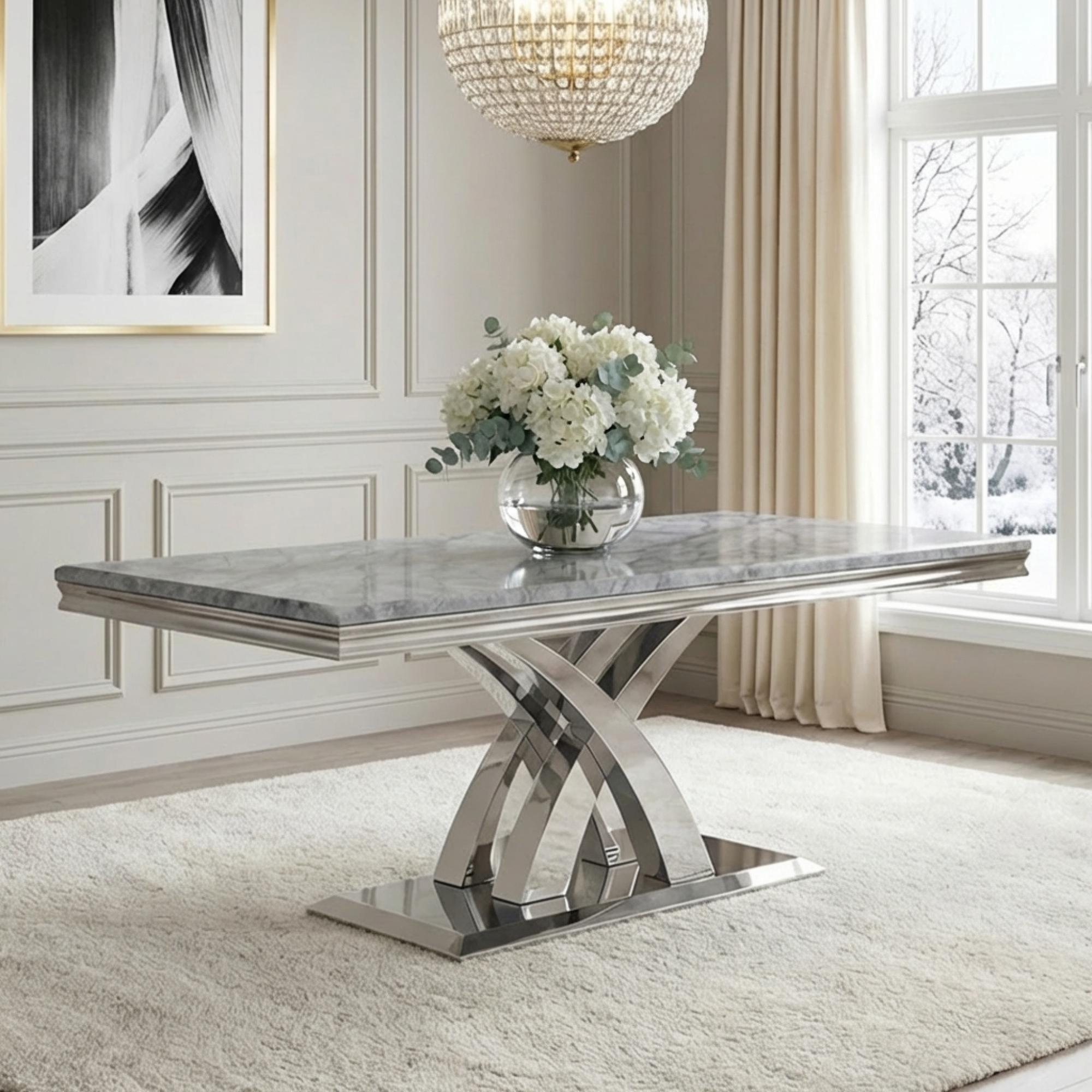 Lisbon Dining Table - Grey Marble & Chrome - Sizes Available