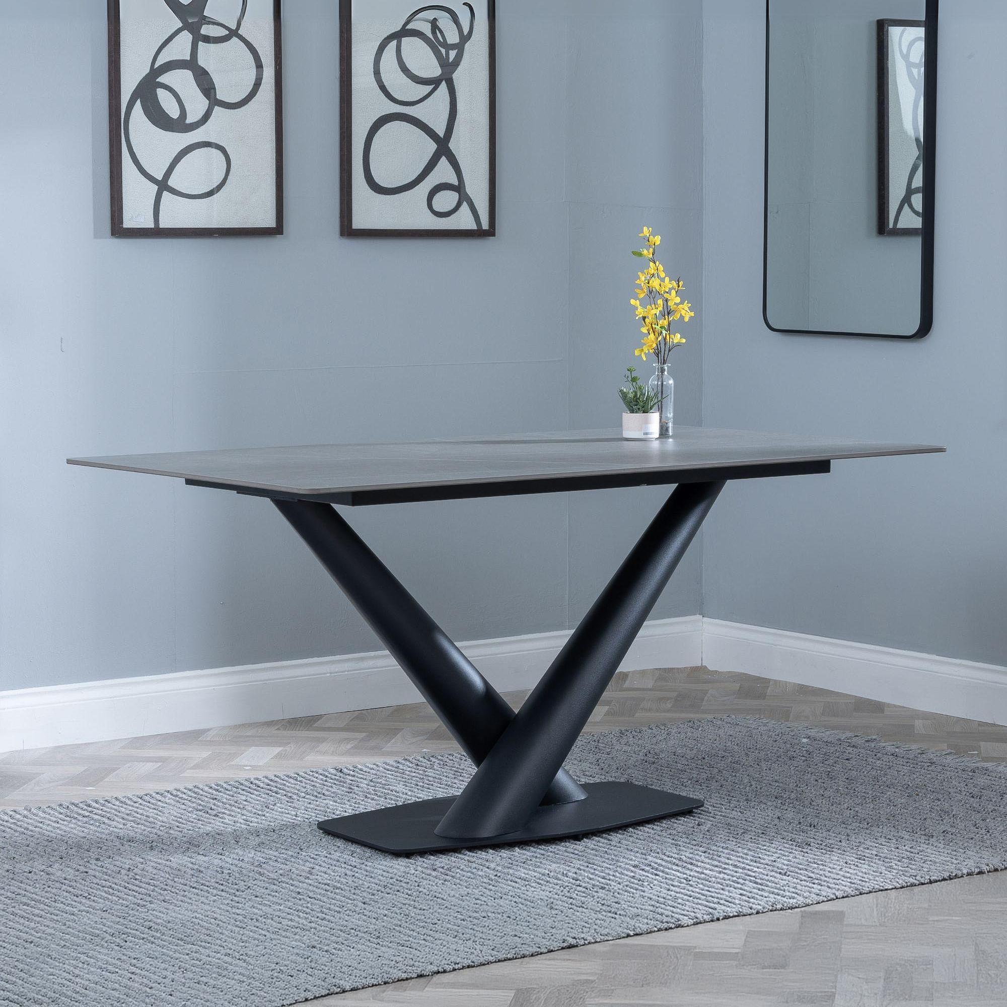 Maldon Dining Table - 6 Seater - 160cm - Grey Ceramic - Black V Base