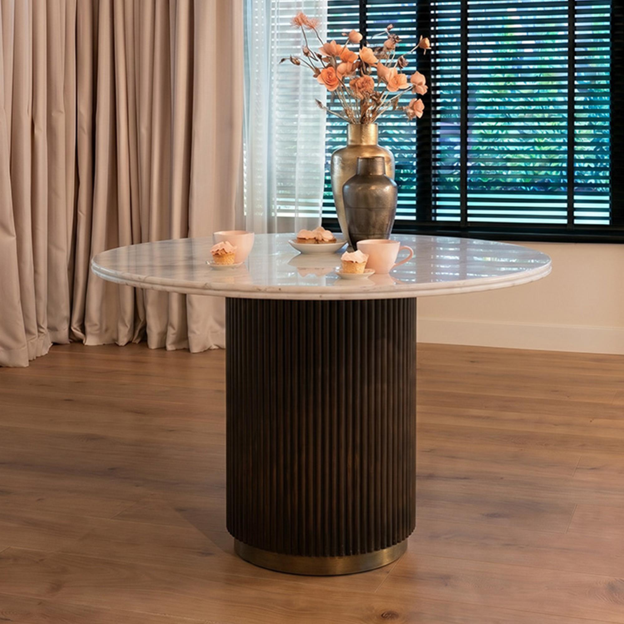 Mayfield White Marble Top 4 Seater Round Dining Table - Dark Wood Fluted Pedestal Base