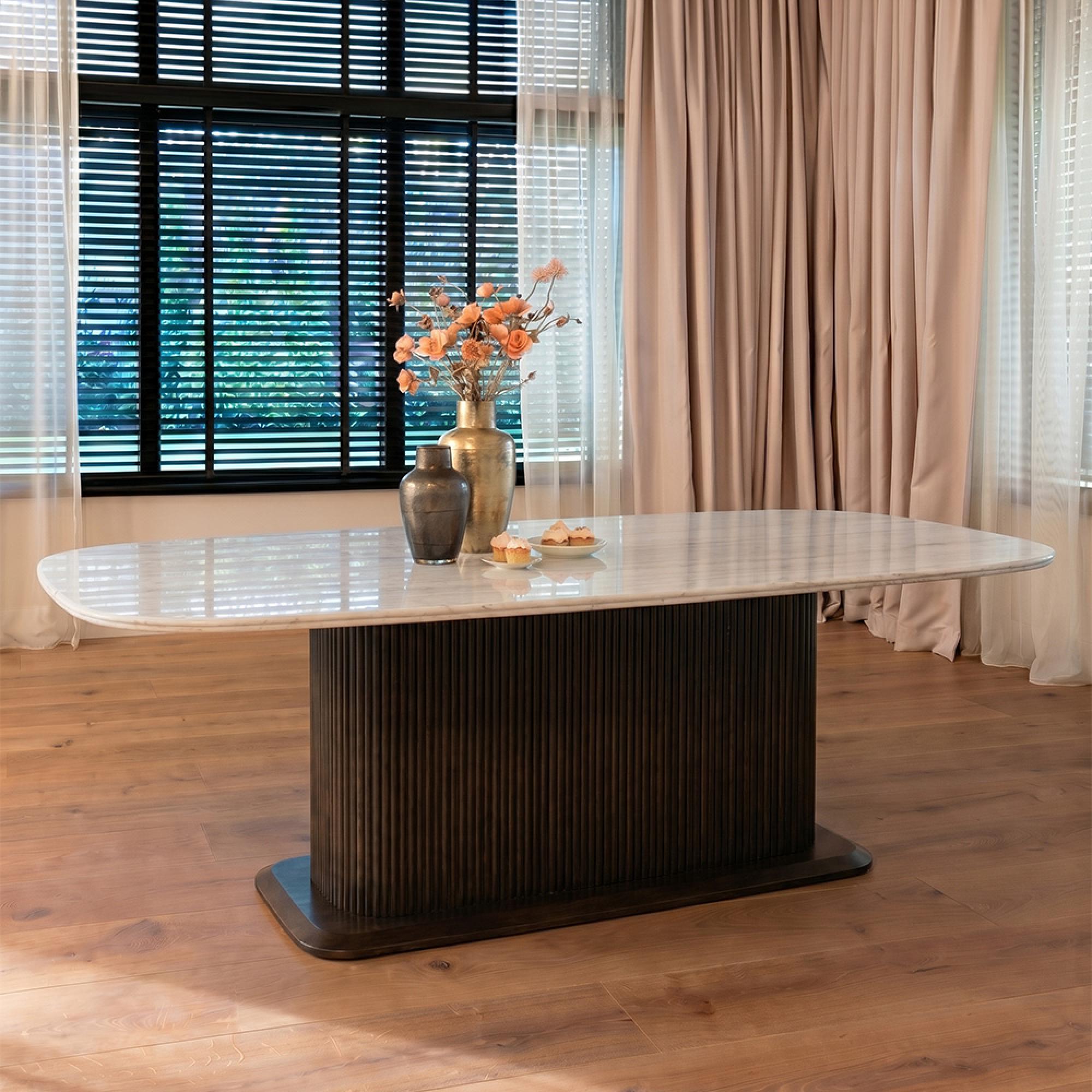 Mayfield White Marble Top 8 Seater Dining Table - Dark Wood Fluted Pedestal Base