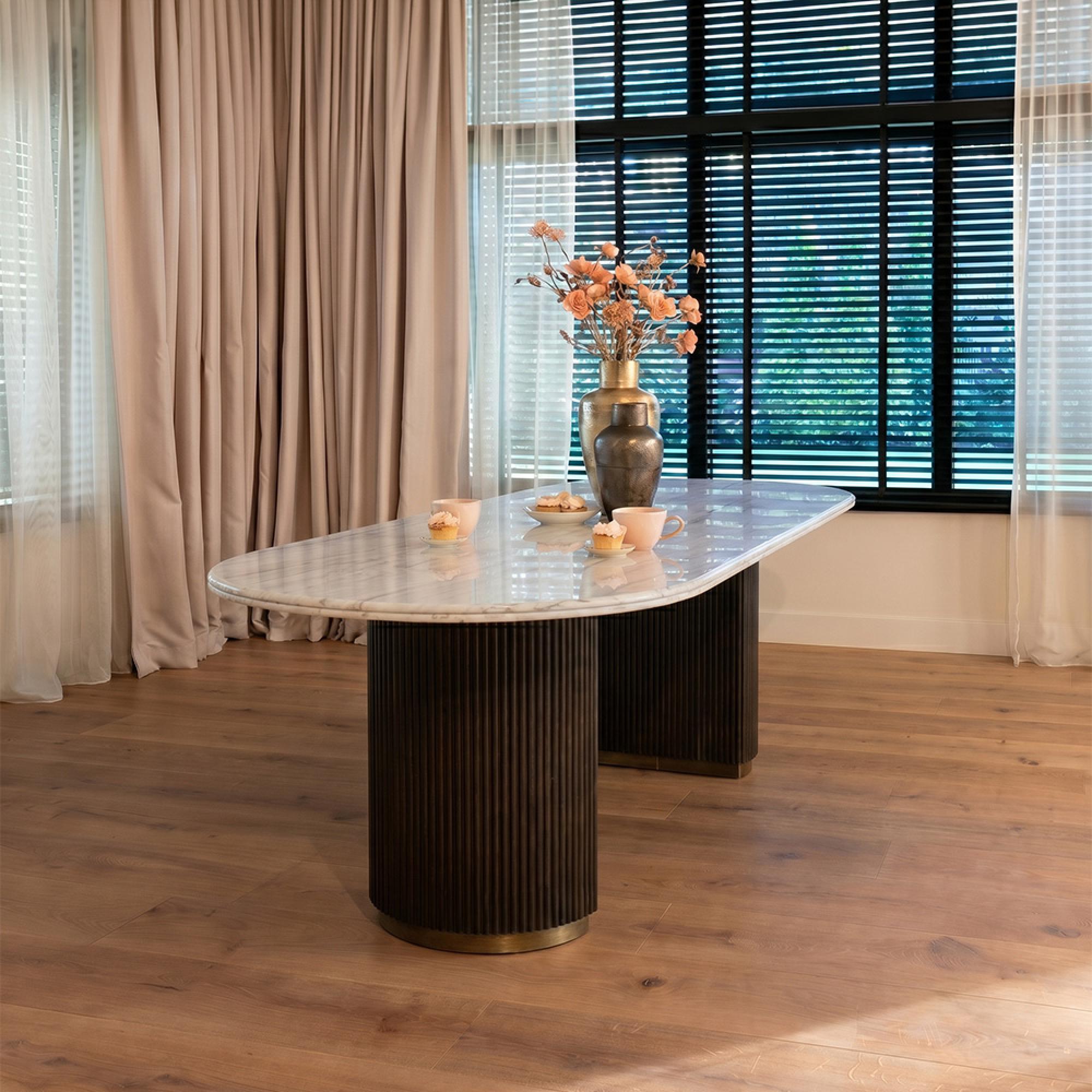 Mayfield White Marble Top 8 Seater Oval Dining Table - Dark Wood Fluted Pedestal Base