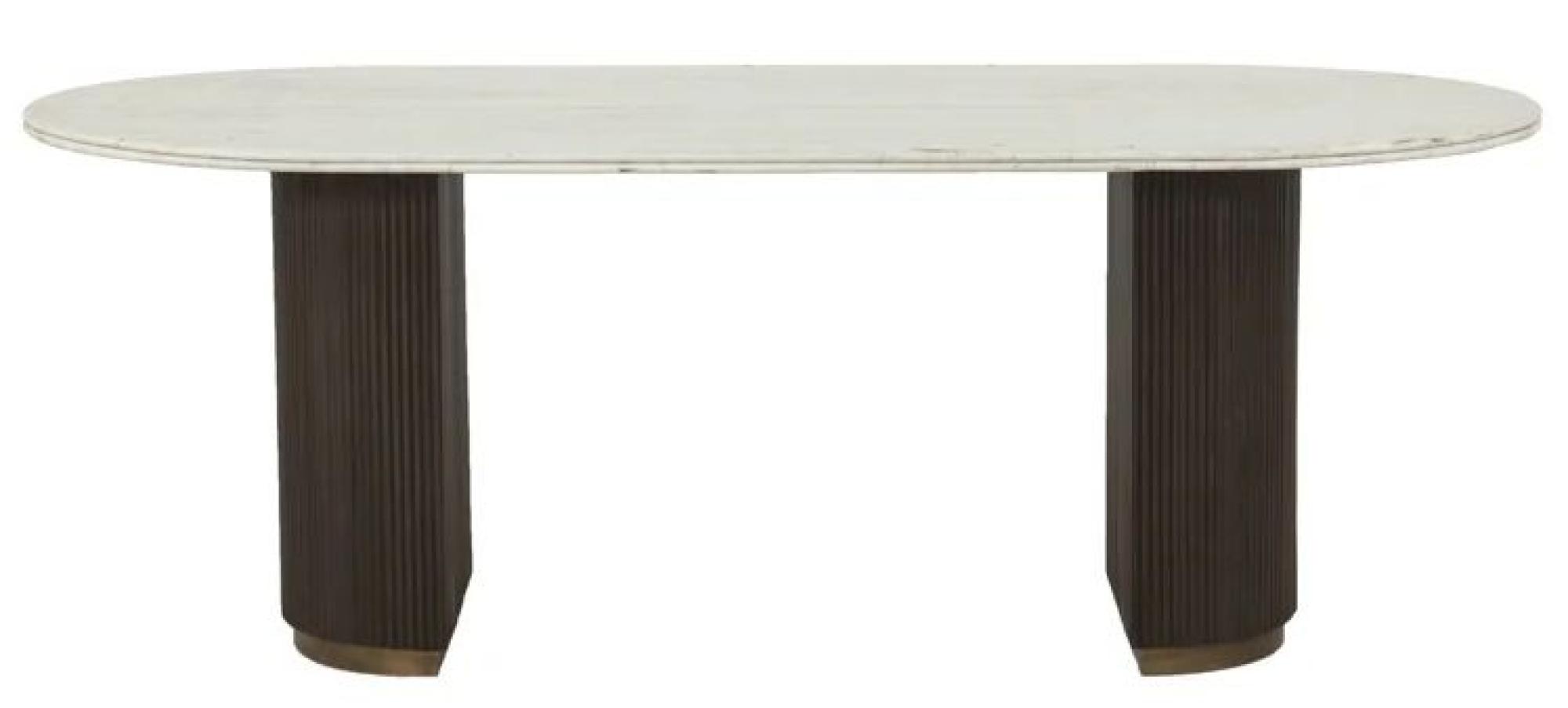 Mayfield White Marble Top 8 Seater Oval Dining Table - Dark Wood Fluted Pedestal Base