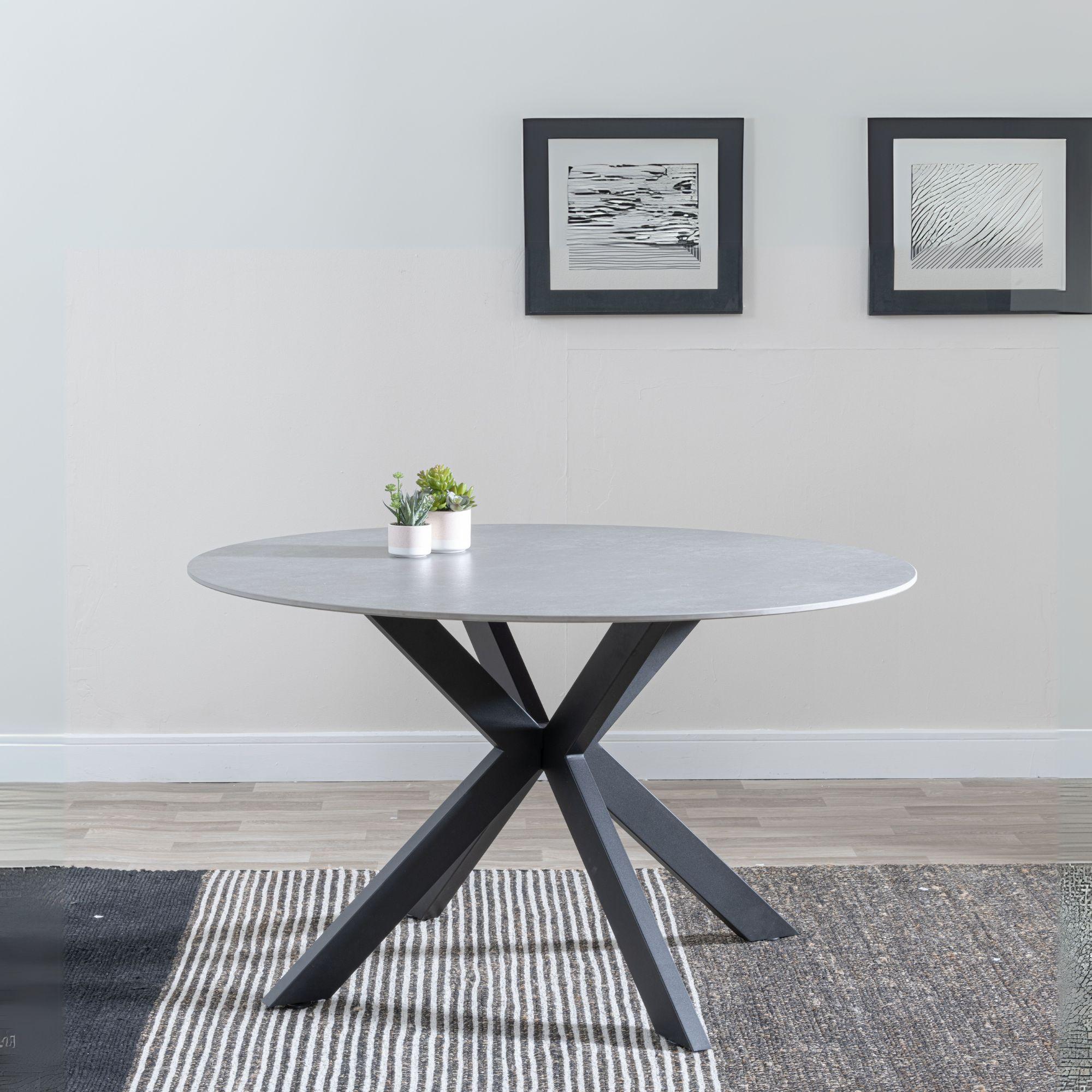 Novara Round Dining Table - 4 Seater - 130cm - Grey Ceramic - Black Star Base