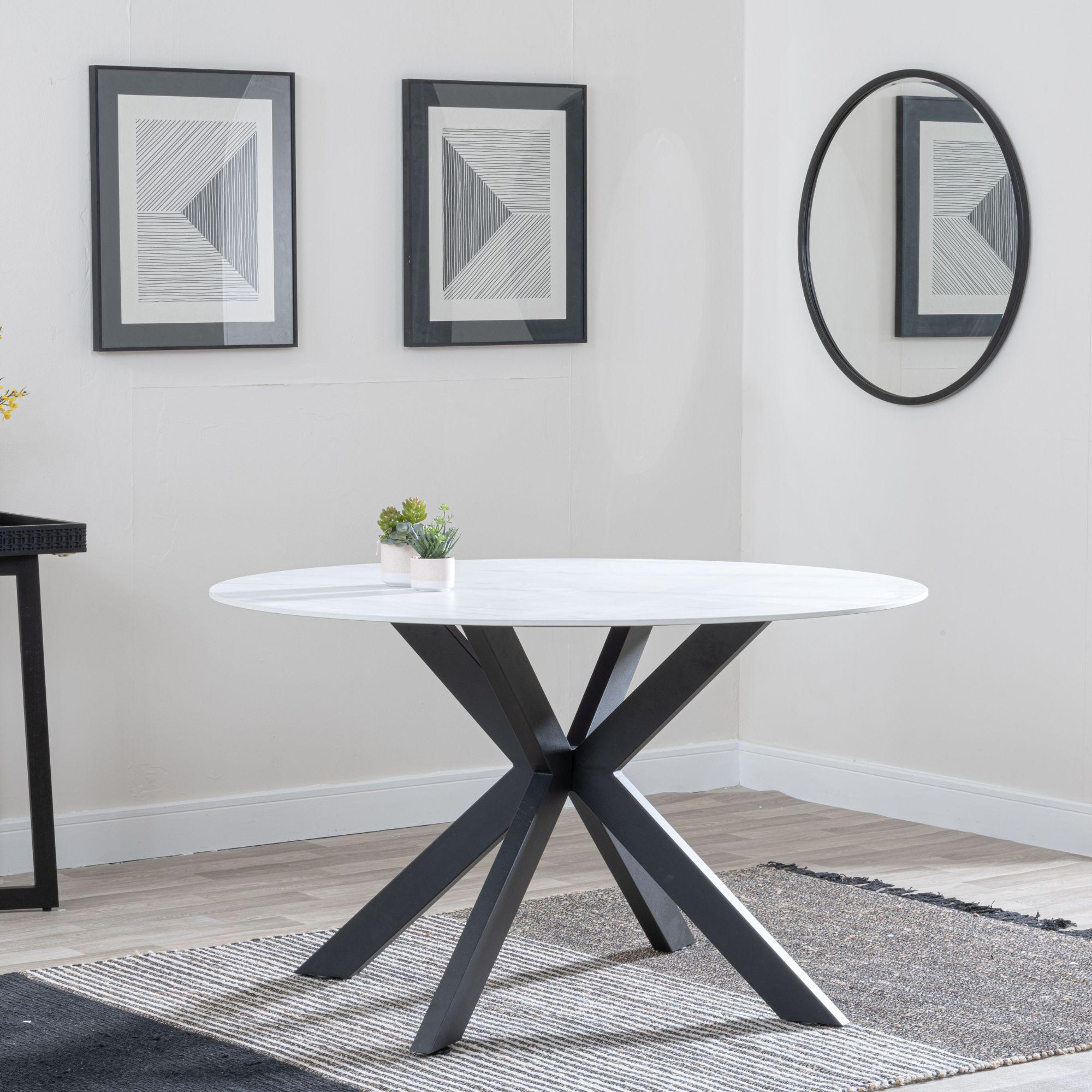 Novara Round Dining Table - 4 Seater - 130cm - White Ceramic - Black Star Base