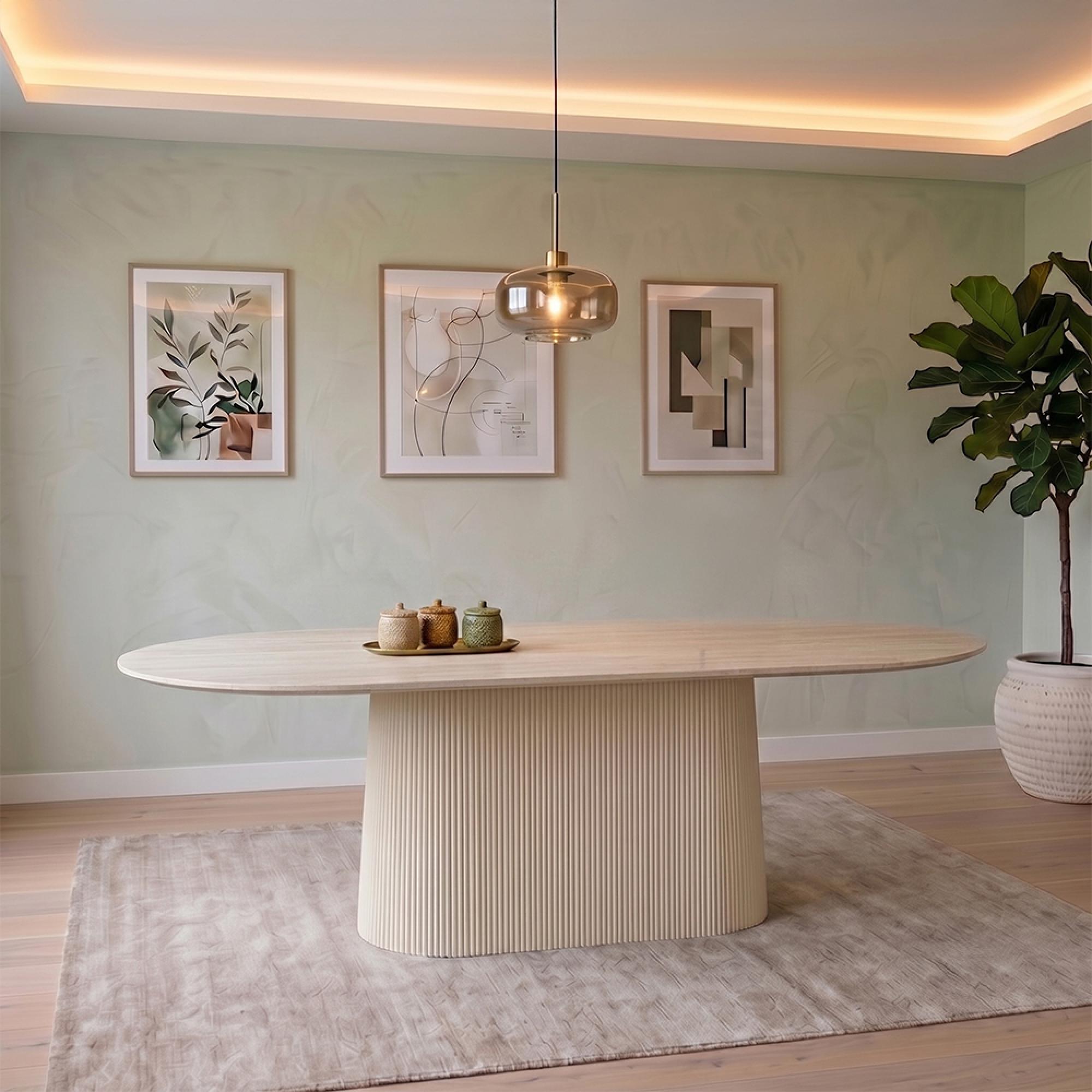 Patrice Fluted Dining Table - 8 Seater - 200cm - Oval - Pedestal - Off White - Mango Wood