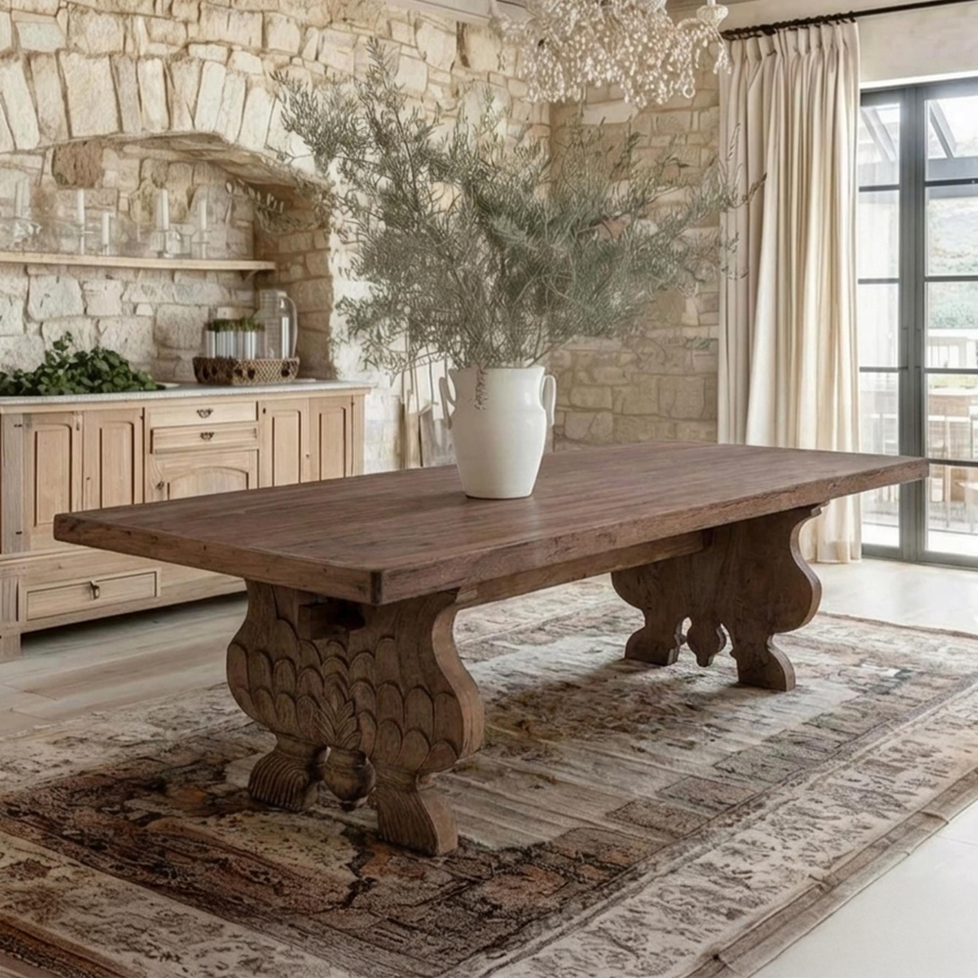 Refectory Dining Table - 245cm - 10 Seater - Hand Carved - Rustic Natural - Wooden