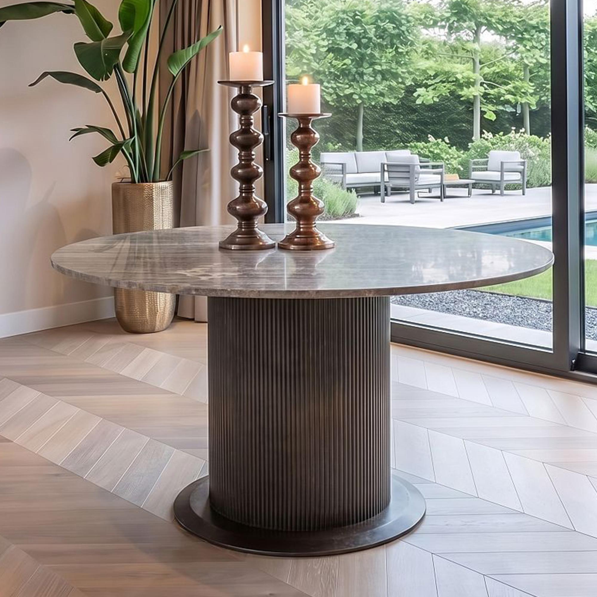Russo Dining Table - 140cm - 6 Seater - Round - Fluted Base - Ash Brown - Travertine Top