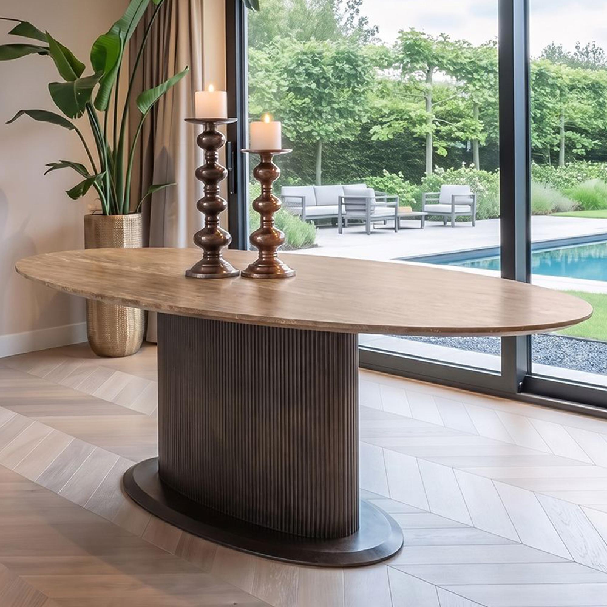 Russo Dining Table - 235cm - 10 Seater - Ellipse - Fluted Base - Ash Brown - Travertine Top