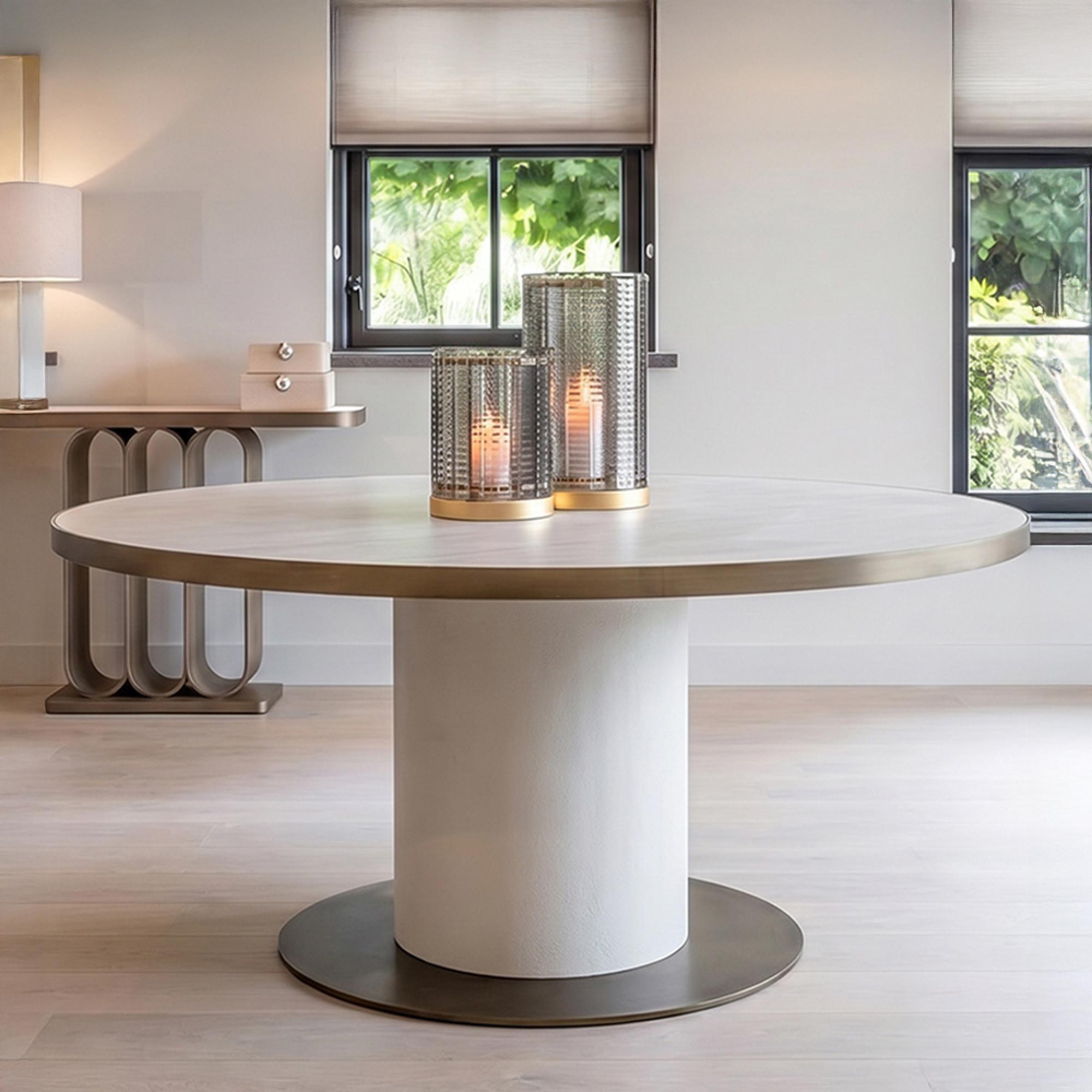 Tivoli Dining Table - 130cm - 6 Seater - Round - Pedestal - with Gold Trim - White - Ceramic