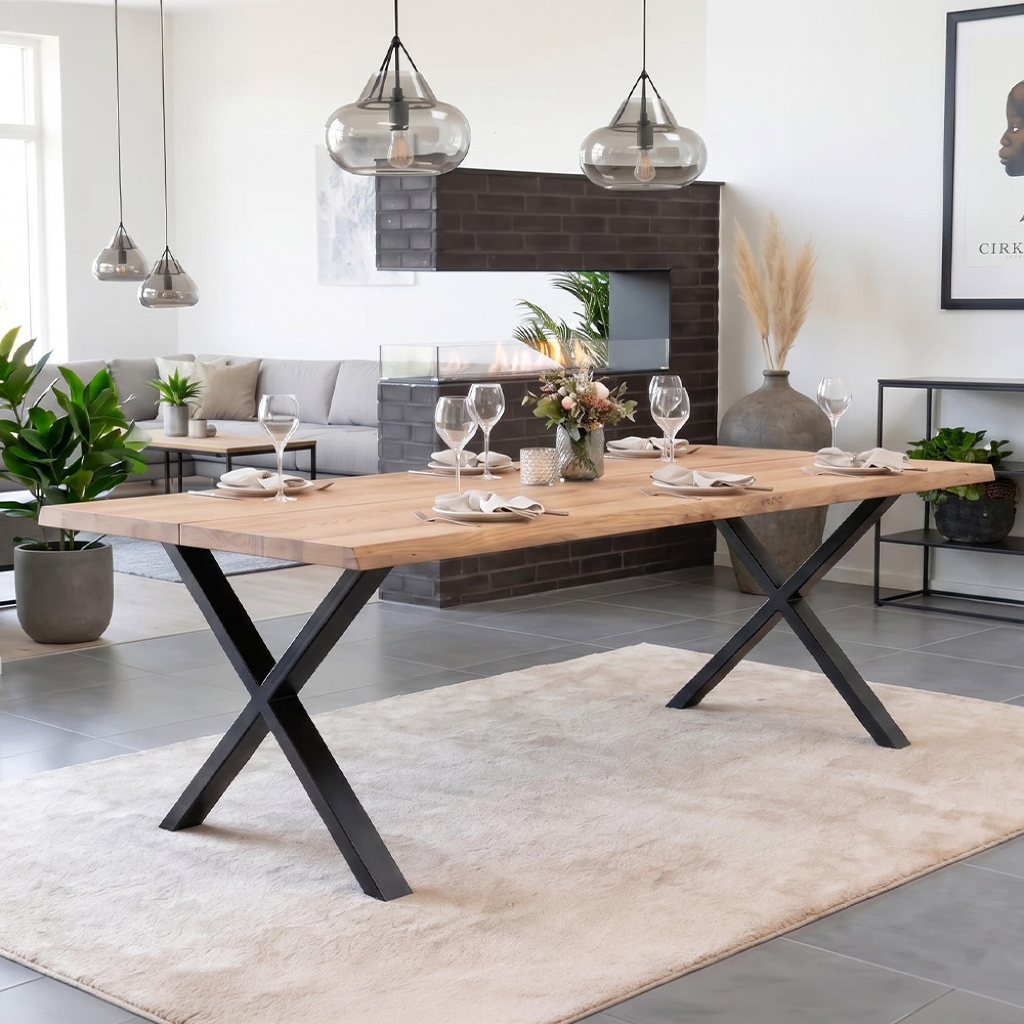 Toulon Dining Table - Natural Oak - 10 Seater - 240cm - Black Cross Legs