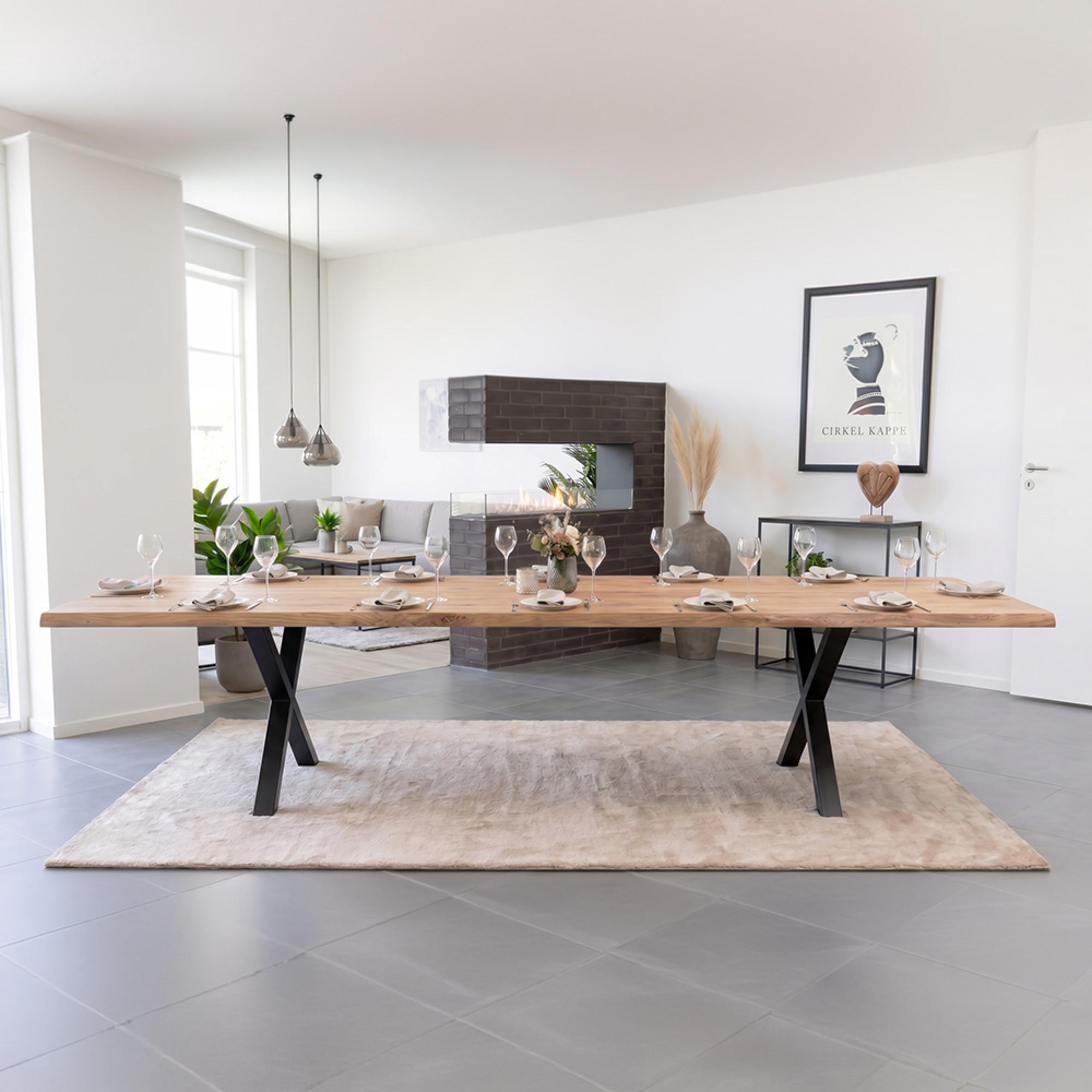 Toulon Dining Table - Natural Oak - 14 Seater - 300cm - Black Cross Legs