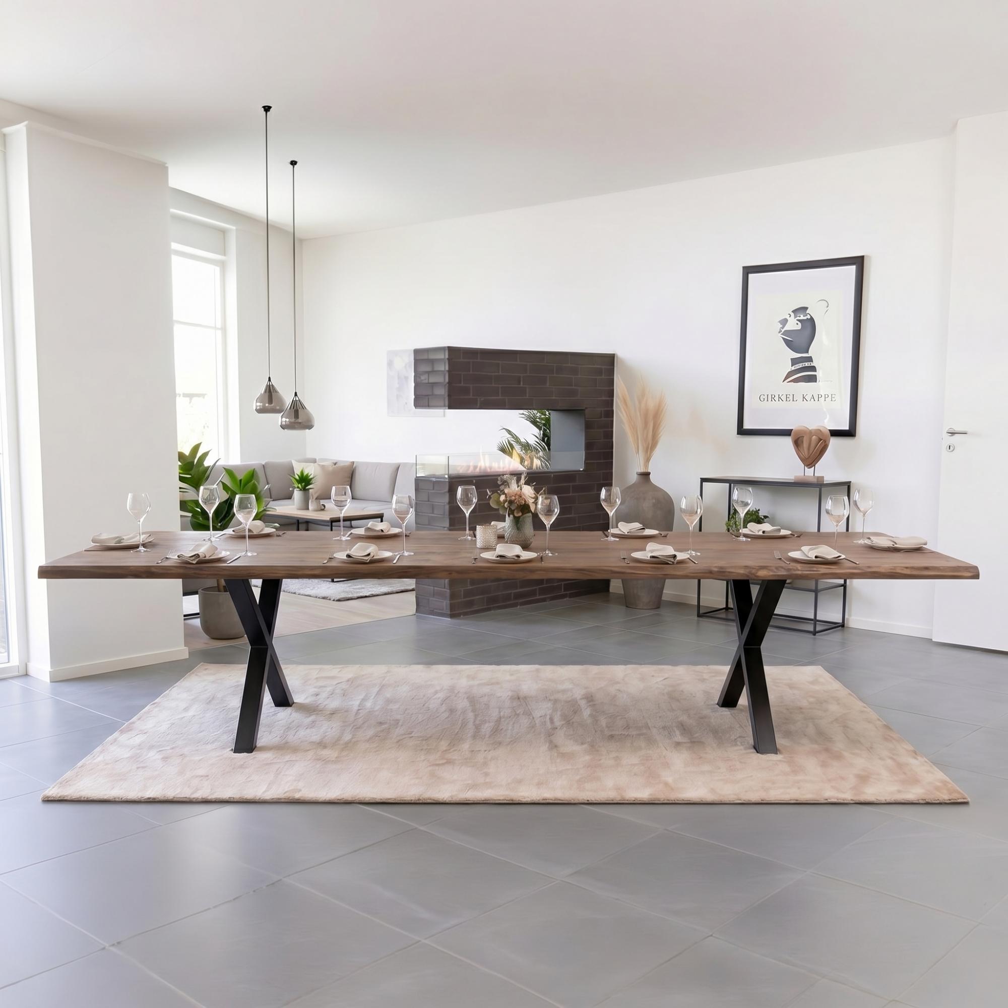 Toulon Dining Table - Smoked Oak - 14 Seater - 300cm - Black Cross Legs