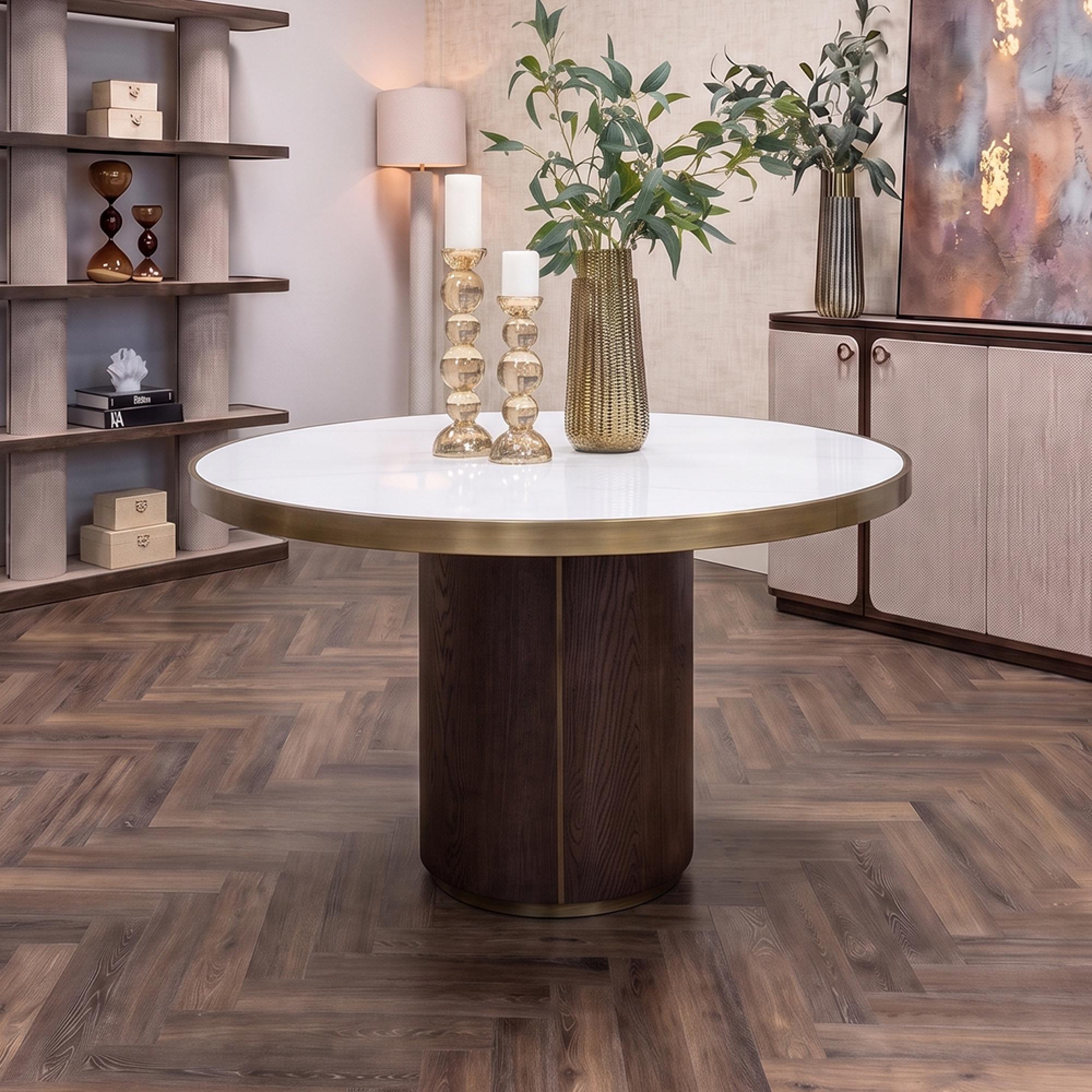 Willox Dining Table - 130cm - 4 Seater - Round - Pedestal - Beige and Brown - Glass and Oak