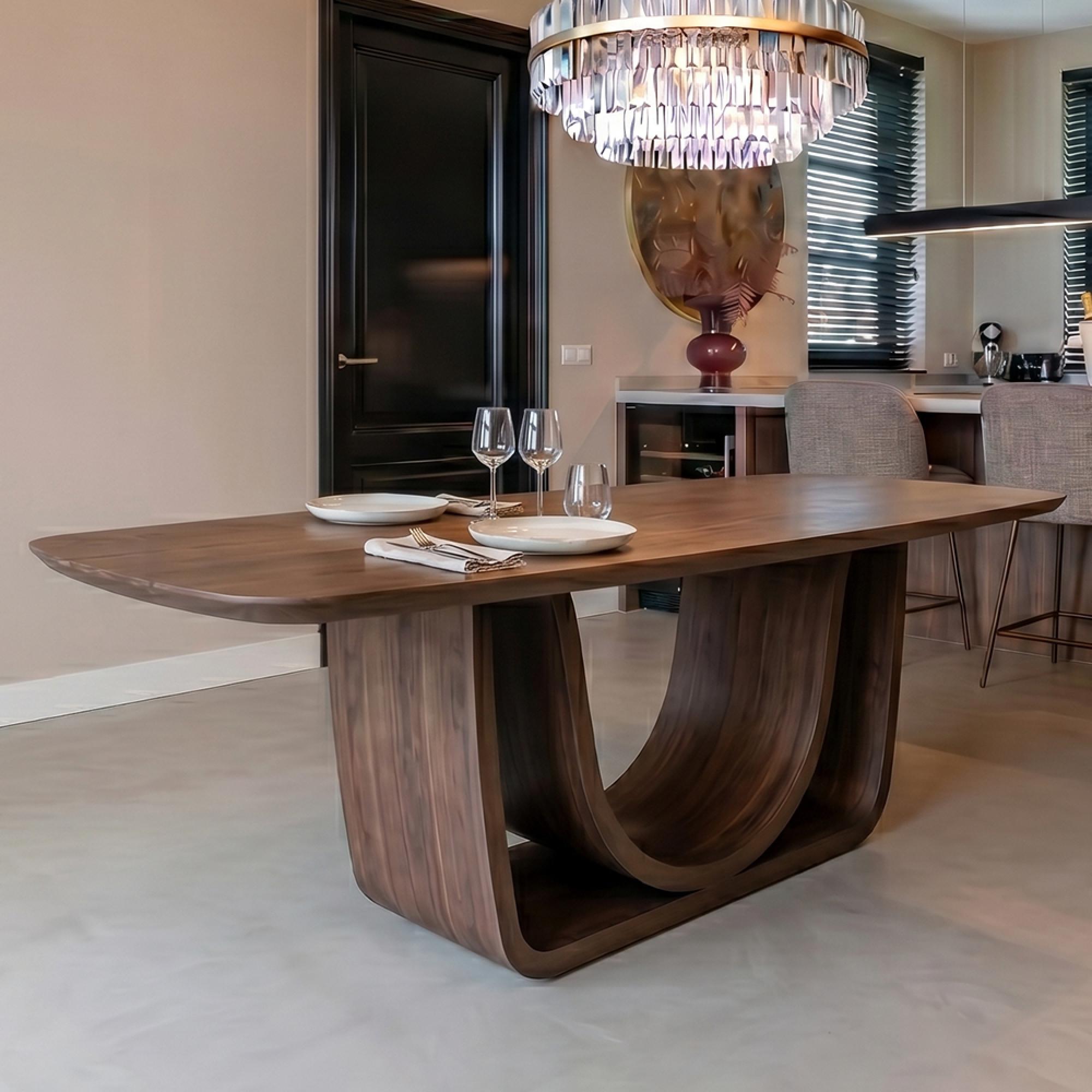 Windsor Dining Table - 230cm - 10 Seater - Pedestal Base - Walnut and Brass - Wood