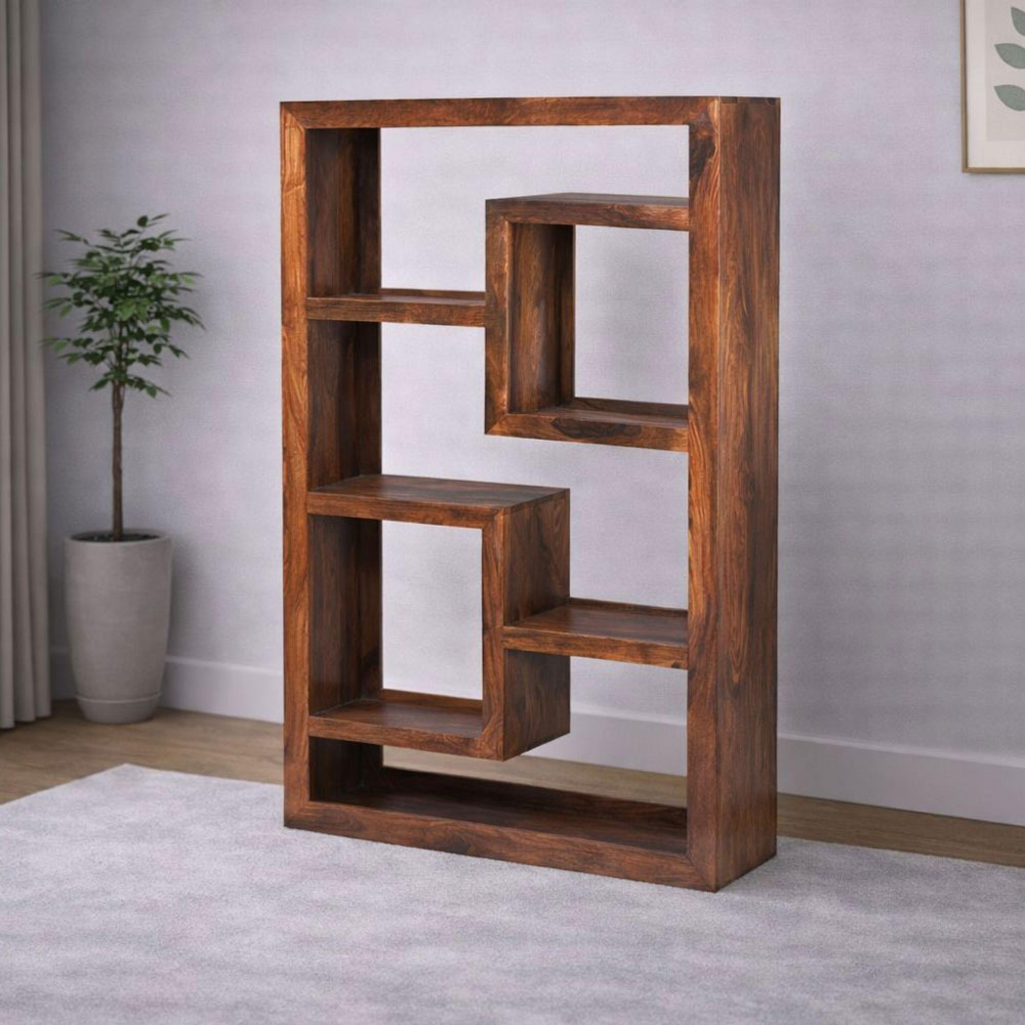 Cube Honey Lacquered Sheesham Combination Display Unit, 178cm Tall Bookshelf