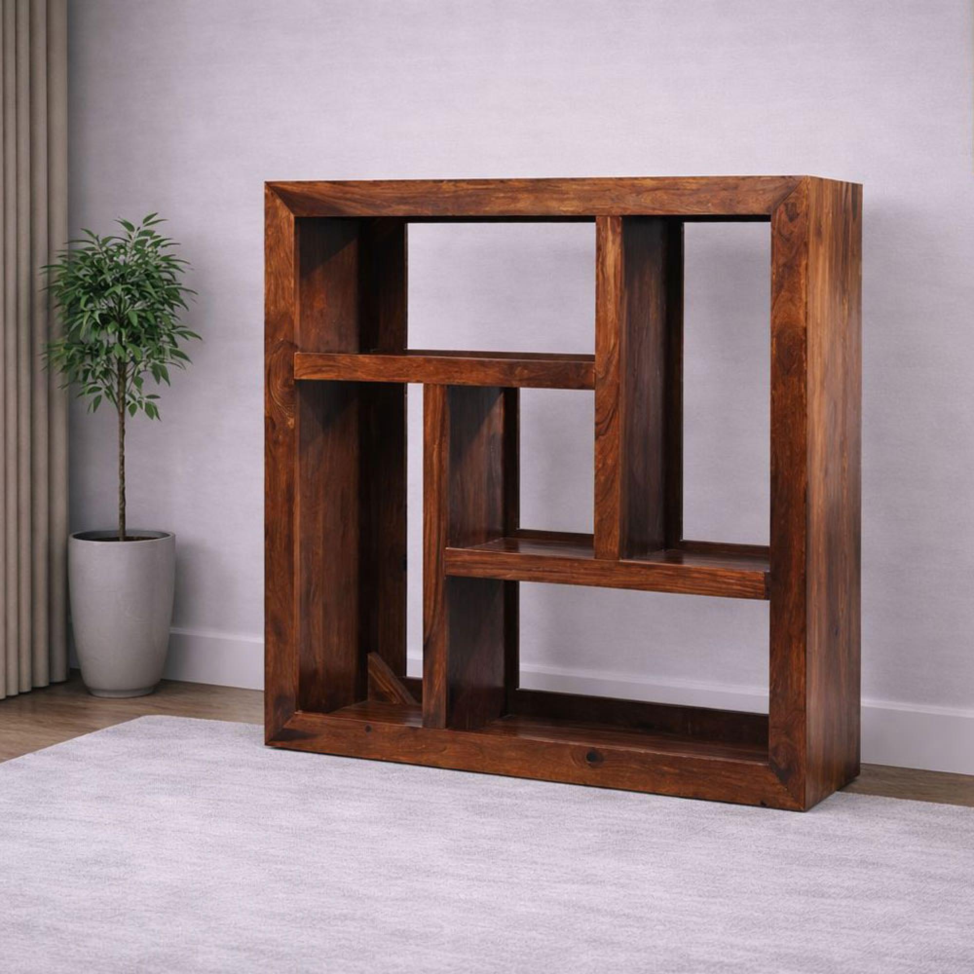 Cube Honey Lacquered Sheesham Geometric Open Display Unit, 2 Shelves Shelving Unit