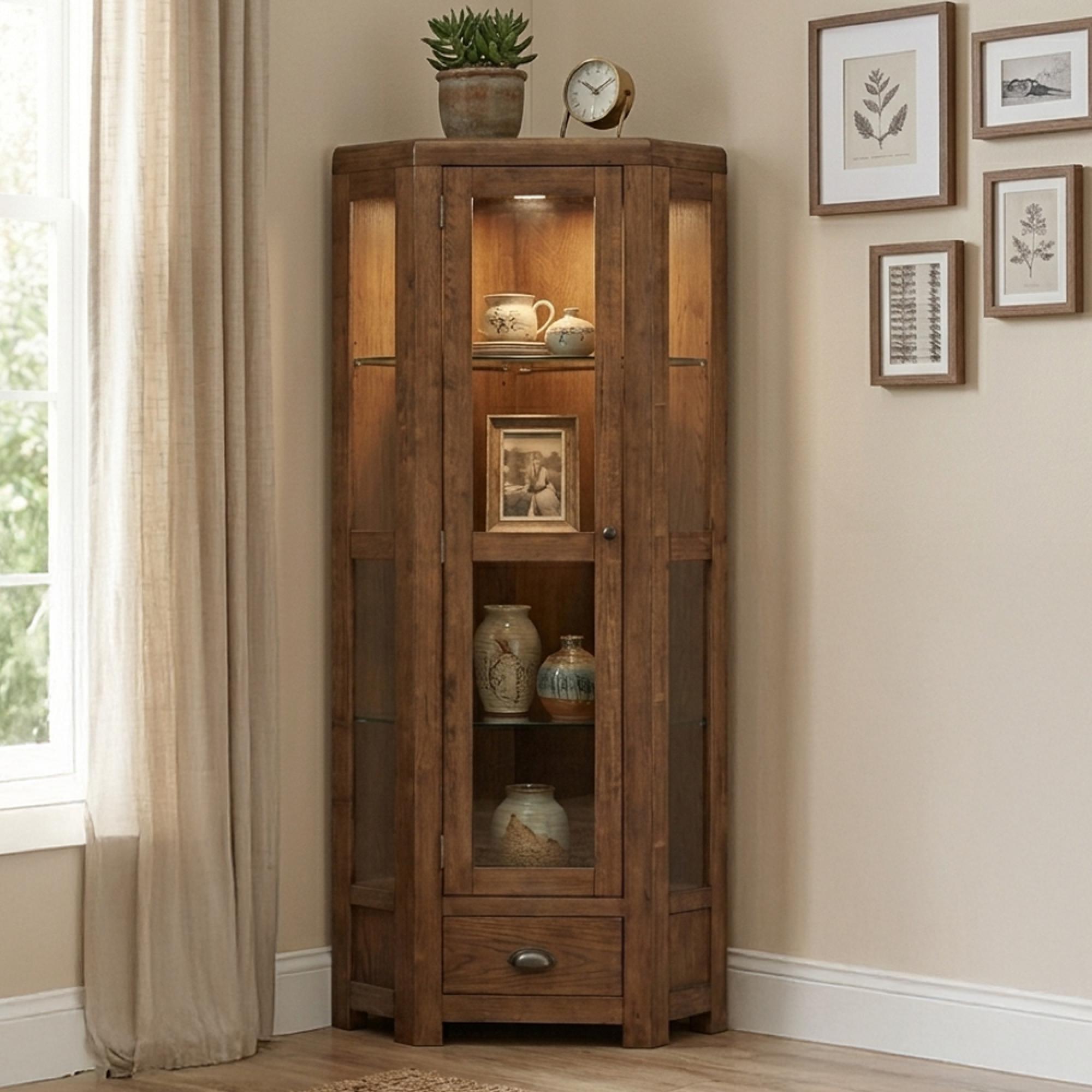 Oakridge Corner Display Cabinet - 1 Door - 1 Drawer - High - Dark Oak