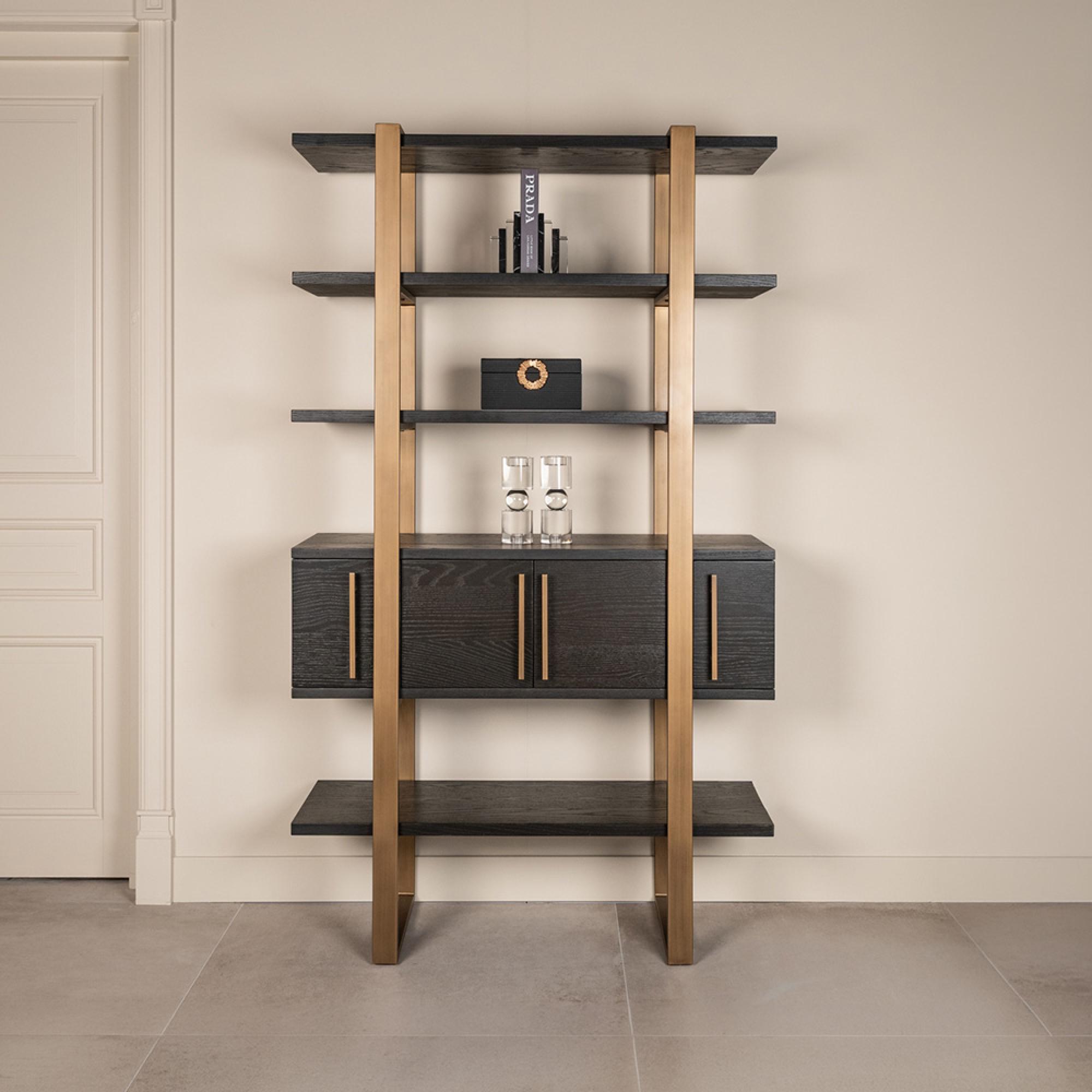 Cambon Dark Oak and Brass Storage Shelving Unit