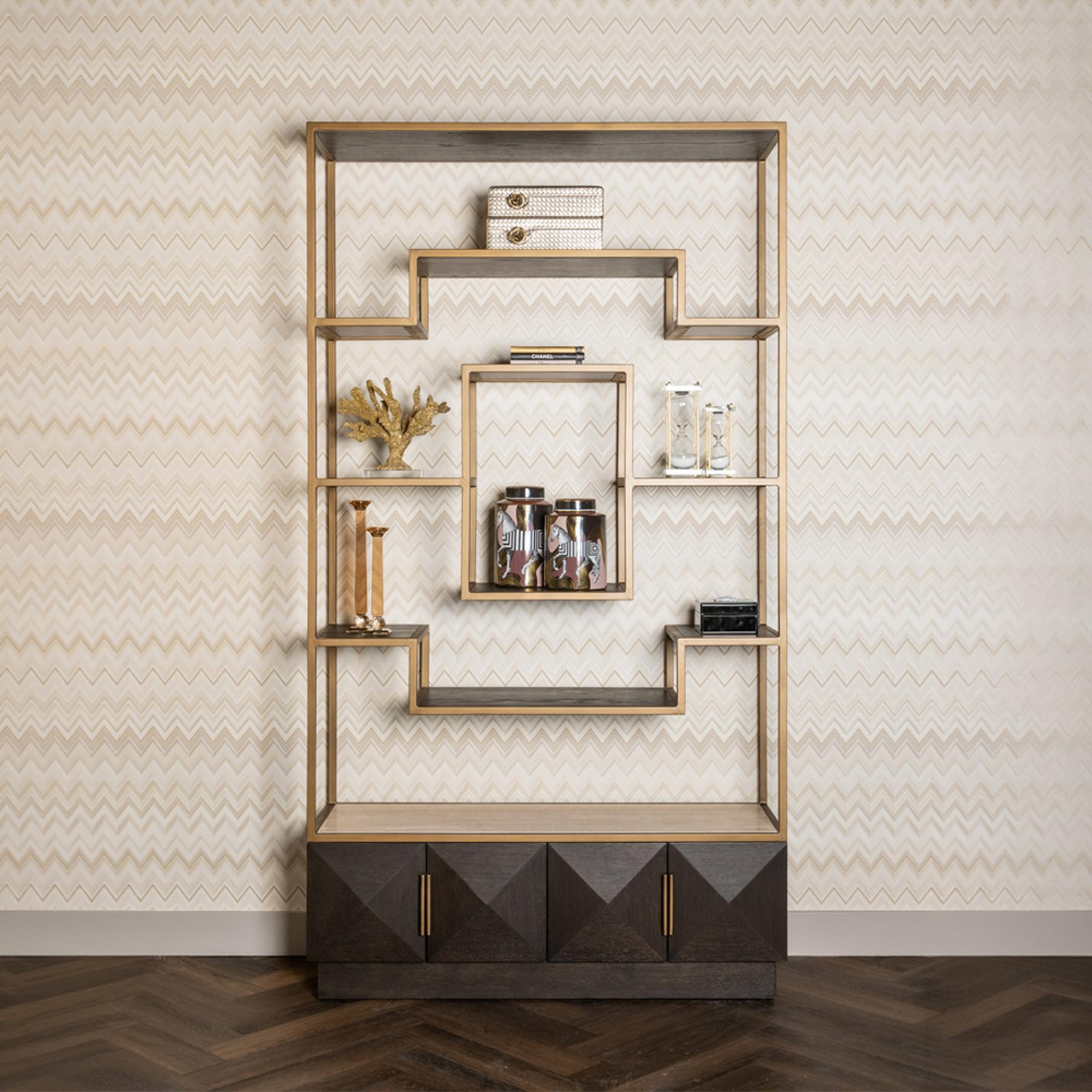 Claremont Dark Wood Storage Geometric Shelving Unit with Travertine Top