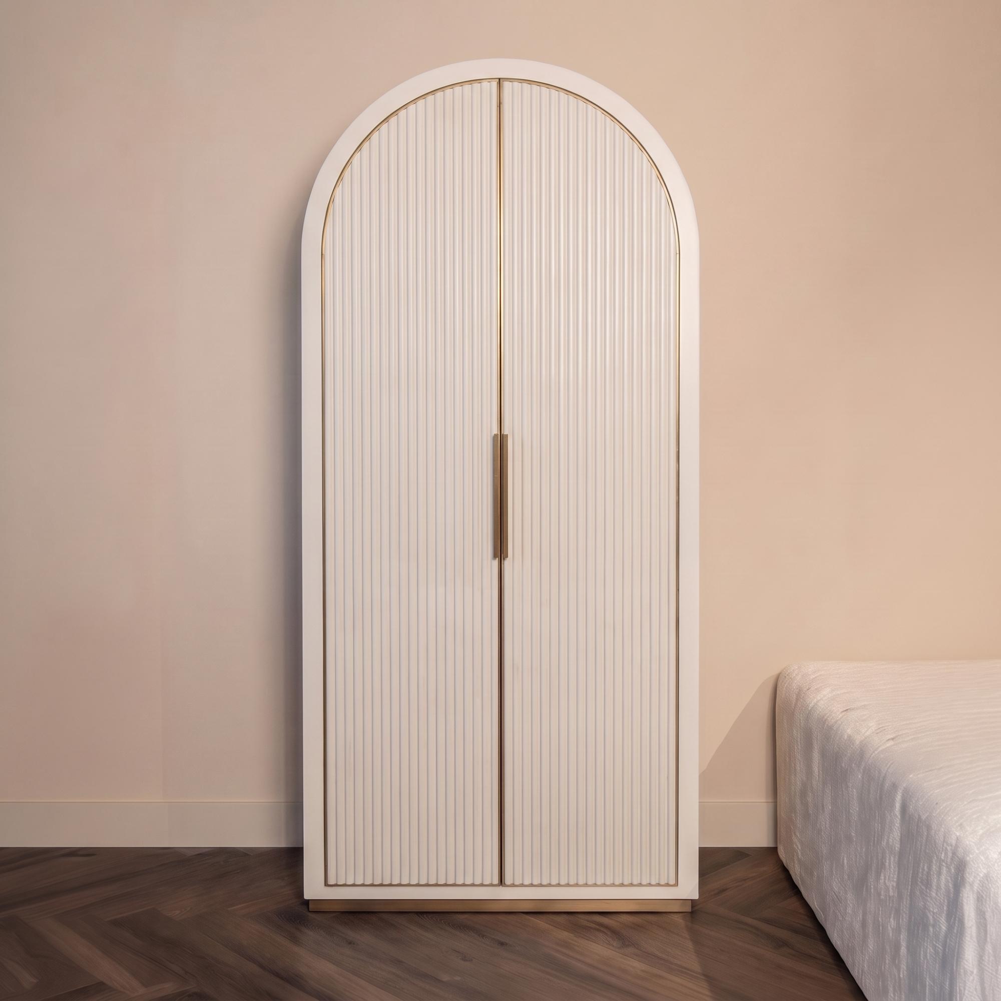 Tivoli Fluted Hall Cabinet - 2 Door - Arched - with Gold Trim - White - Ceramic