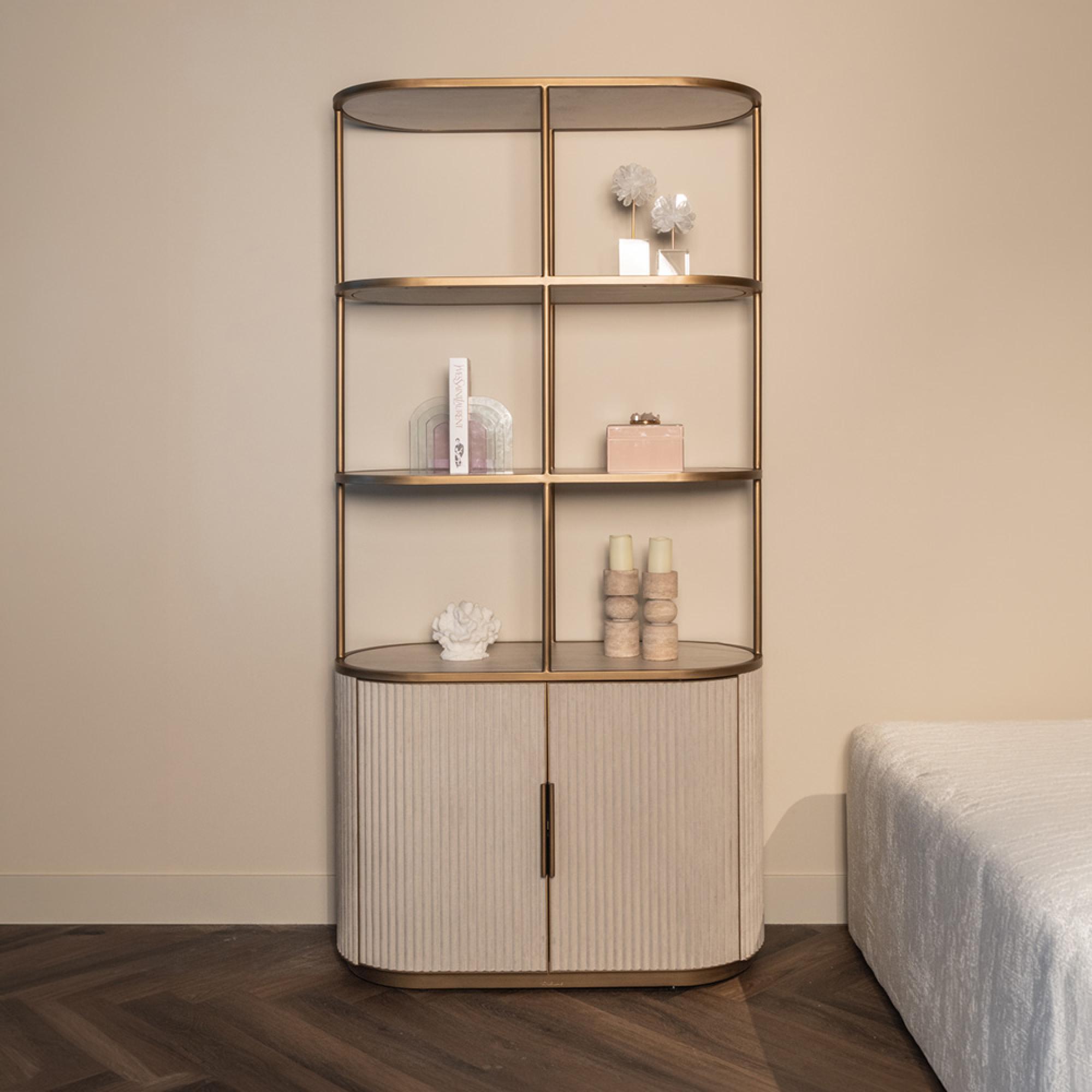 Tivoli Fluted Shelving Unit - 2 Door - with Gold Trim - White - Ceramic
