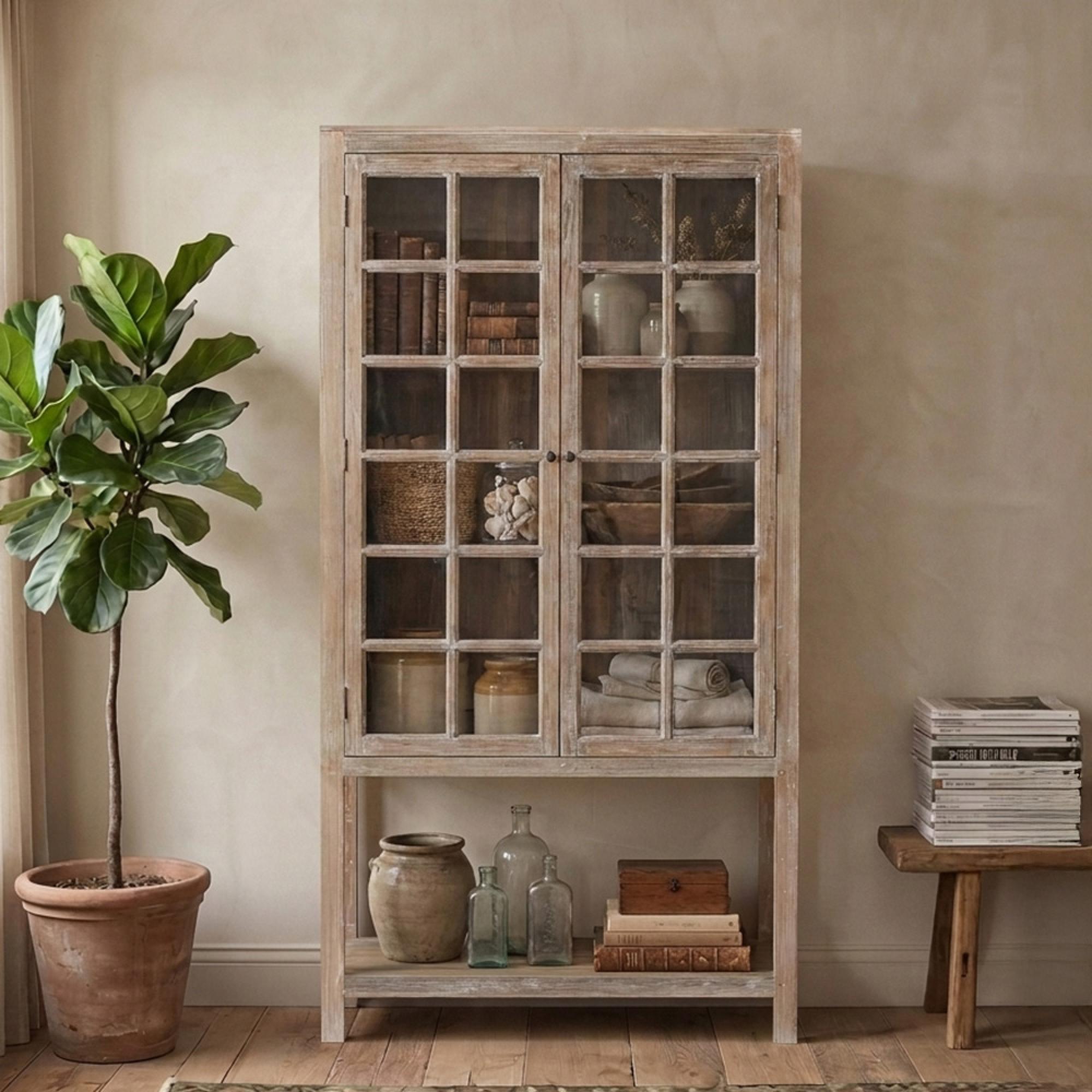 Arzana Distressed Display Cabinet - Windowpane - 2 Door - Natural - Glass and Wood